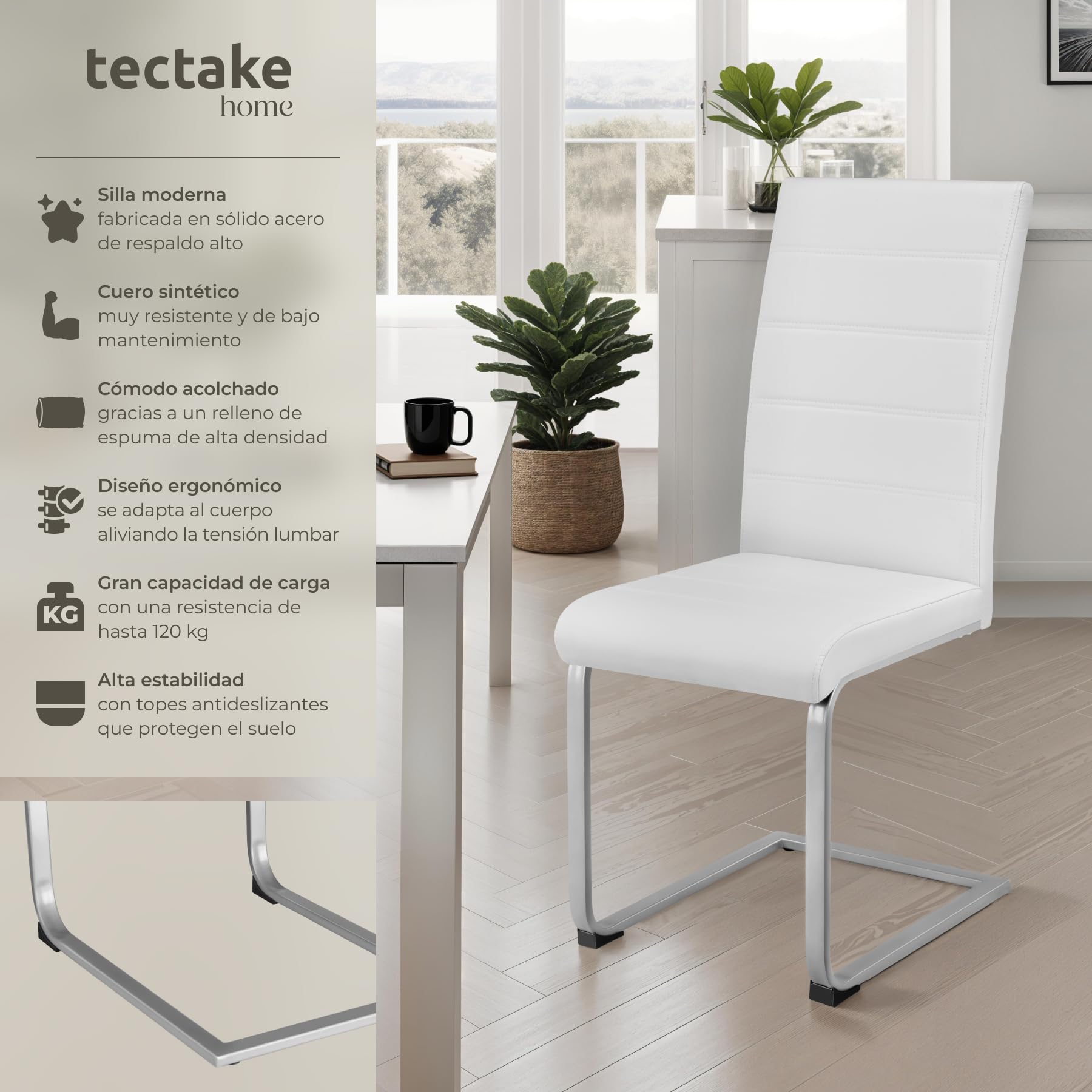 tectake® Conjunto de Sillas de Comedor, Diseño Moderno, Asiento y Respaldo Acolchado, Piel Sintética, Alta Capacidad,Montaje Rápido, Sillas Cocina, Silla Comedor - 4 Sillas Blanco