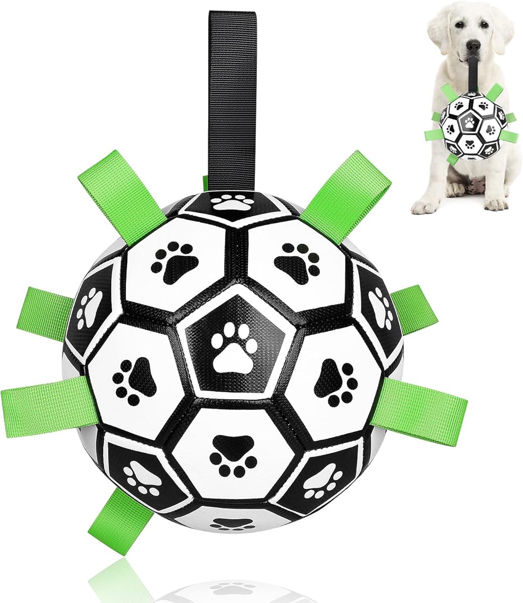 CHUKCHI Soccer Ball with Straps, Interactive Dog Toys for Tug of War, Puppy Birthday Gifts, Water & Tug Toy, Durable Dog Balls for Small & Medium Dogs (8 inch)