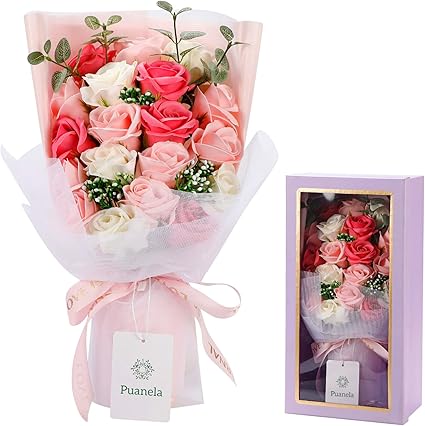Amazon フラワーデザイナー監修 Puanela ソープフラワー 花束 誕生日 プレゼント 女性 ギフト 人気 母の日 退職 祝い 造花 ブーケ インテリア バラ ピンク 造花 オンライン通販