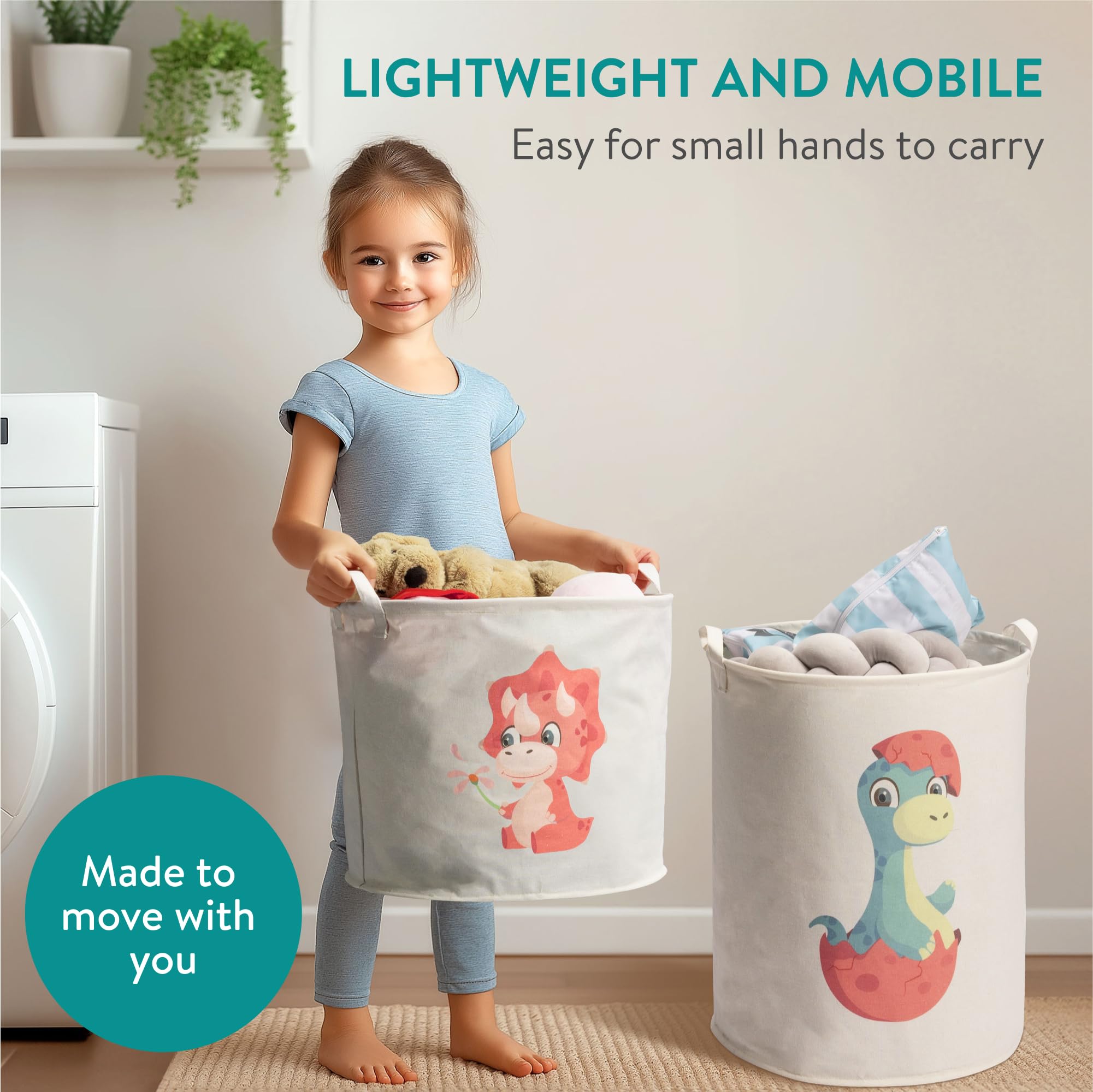 Navaris Red Dinosaur Toy Storage Baskets, Set of 2 - Collapsible Toys & Laundry Kids Hamper - Round Washing Basket Ideal for Baby Nursery and Bedroom - Hampers For Boys and Girls - Image 4