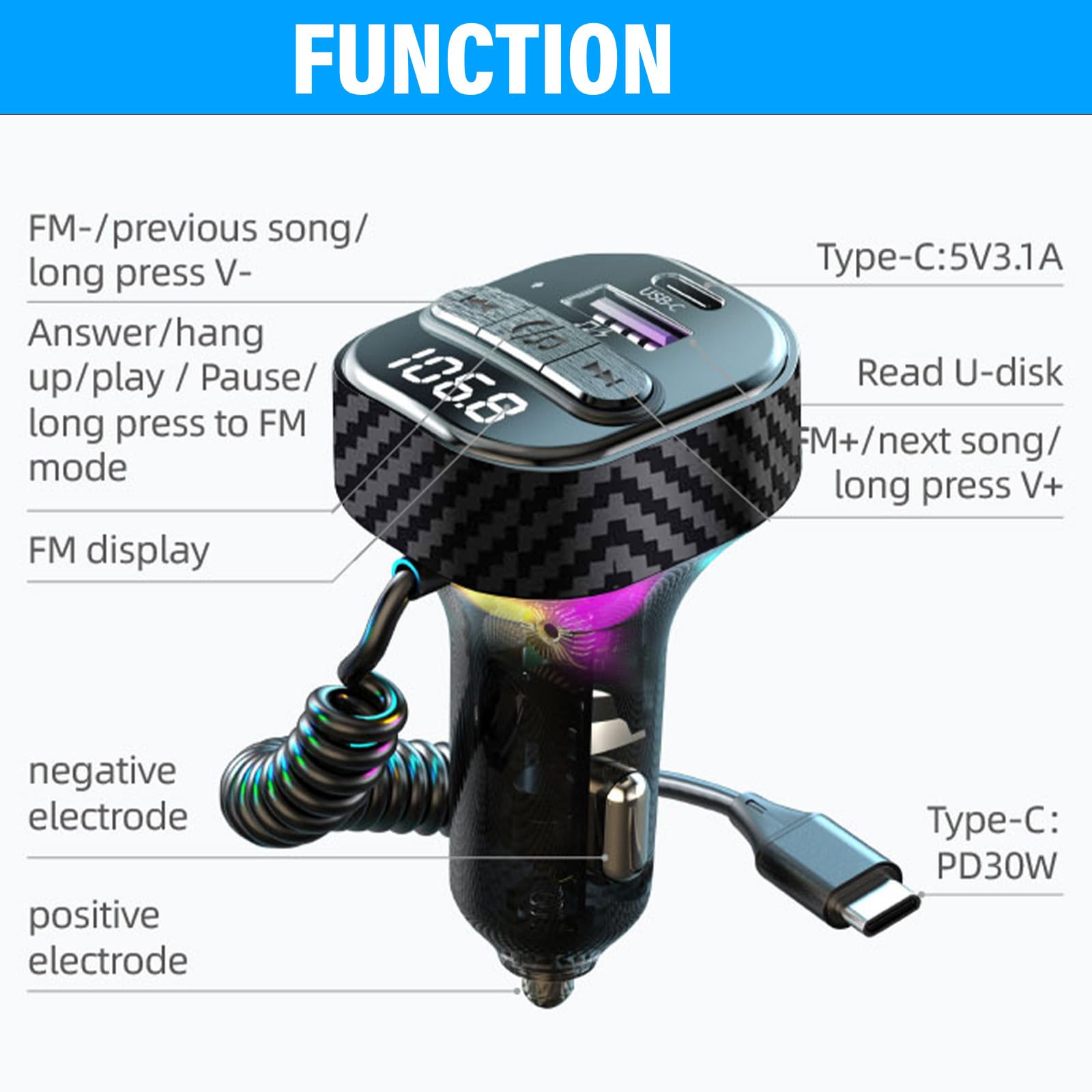 Transmetteur FM Bluetooth 5.3 pour voiture, adaptateur de voiture Bluetooth avec port de chargeur PD de type C (30 W) et câble, port USB QC3.0, émetteur radio FM sans fil, prend en charge les appels