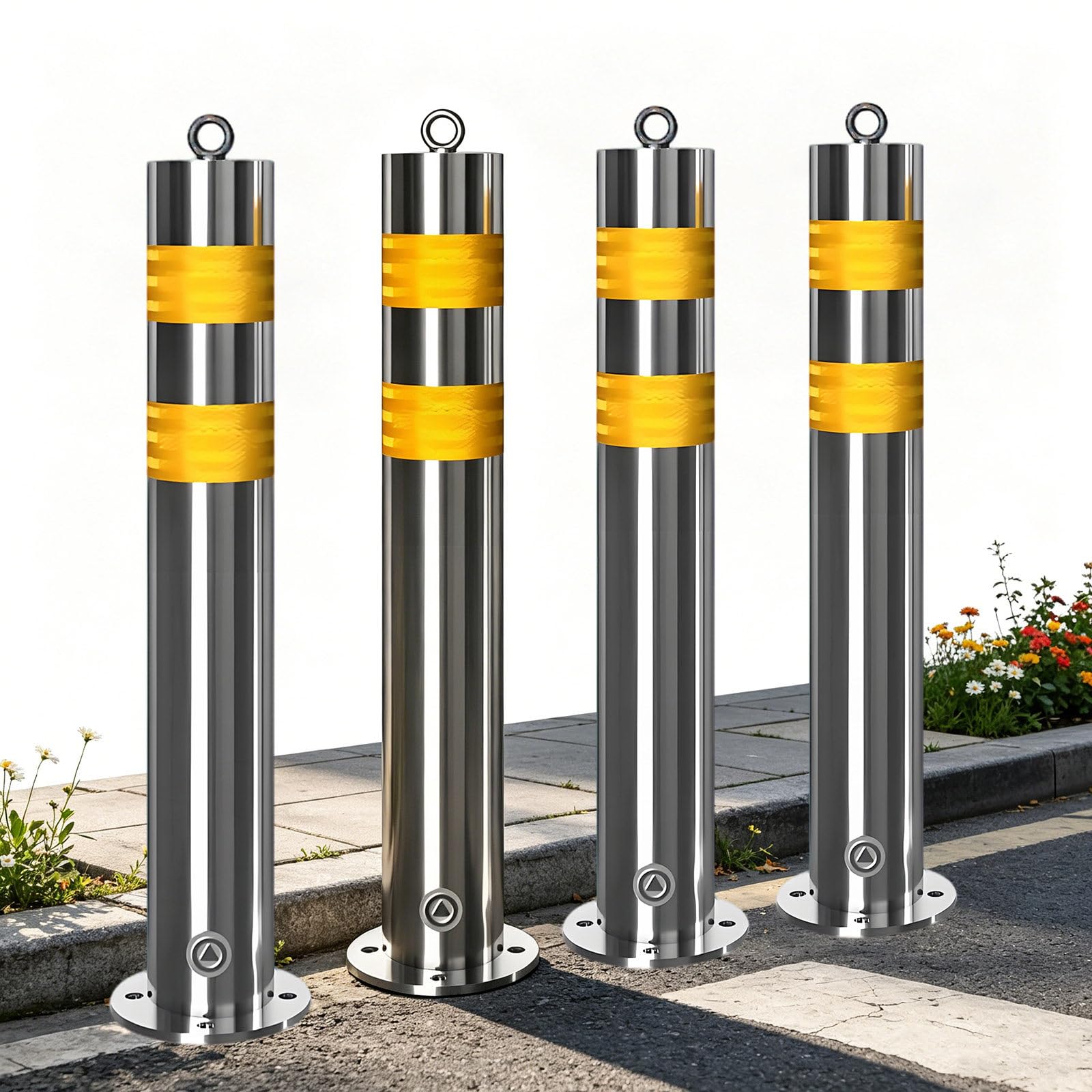 Beachtiful Safety Bollard Driveways Stainless Steel Security Posts with Anchor Bolts, Removable Bollard with Reflective Strips, for Traffic Control/Driveway Barrier(750mm/29.5in) 4PCS