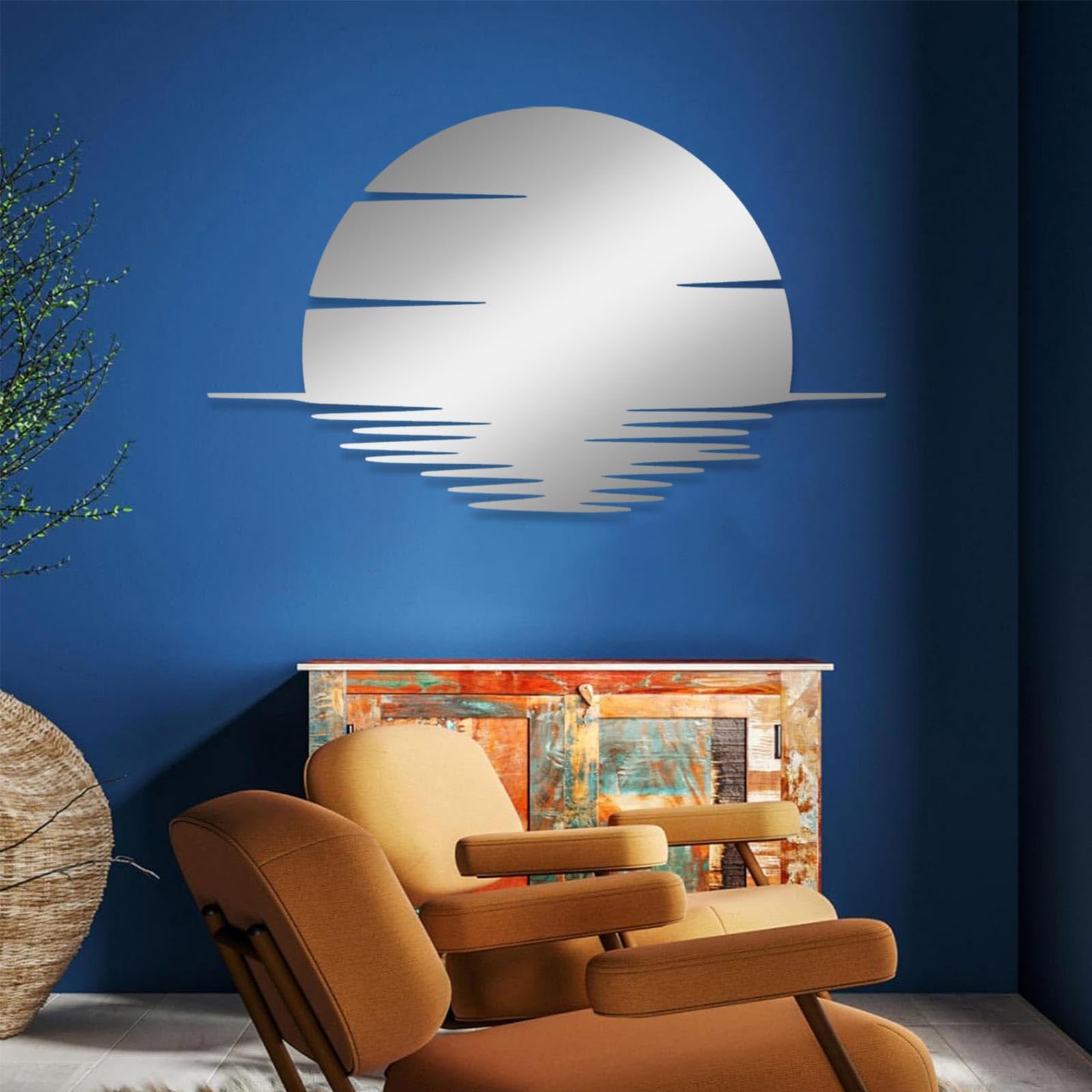 Metal Wall Art - Sunrise Over the Sea, Minimalist Modern Metal Art, Sunburst Sunset Wall Decor for Bedroom (35" x21"|90x54cm, Silver)