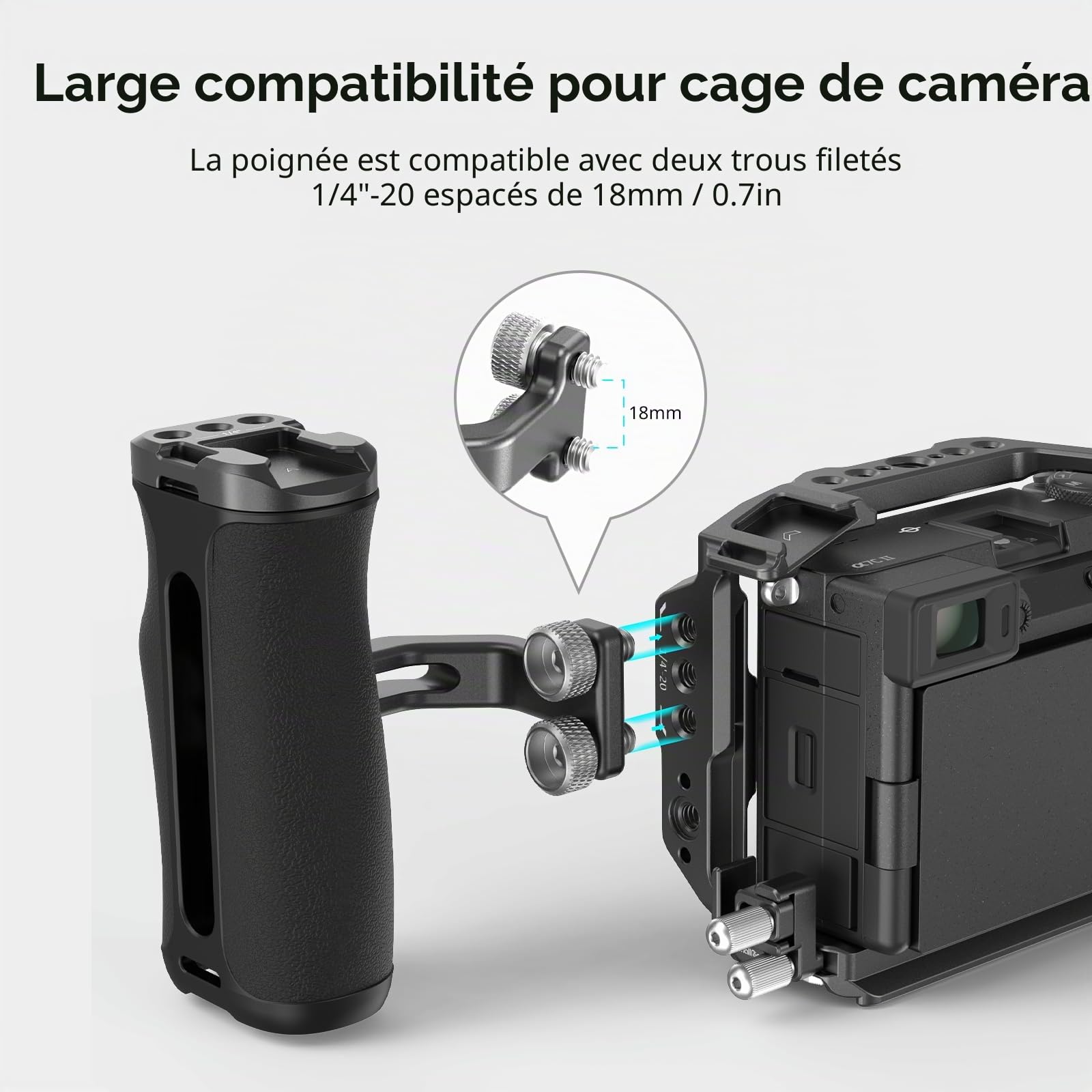 SMALLRIG Mini poignée latérale avec vis 1/4" -20 pour cage de caméra, réglable de haut en bas, pour main gauche ou droite, poignée de caméra ergonomique avec griffe froide intégrée et trou fileté-4756