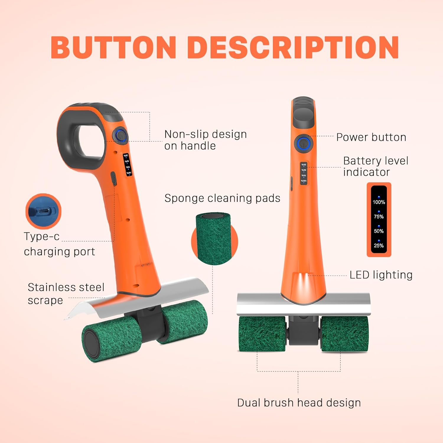 Hillyfe Electric Grill Brush, Bristle-Free Dual Rotating Heads, 450 RPM with LED Light, 120-Minute Runtime, IPX5 Waterproof, 4 Scouring Pads, Extended Handle, Safe for All Kinds of BBQ Grills, Orange