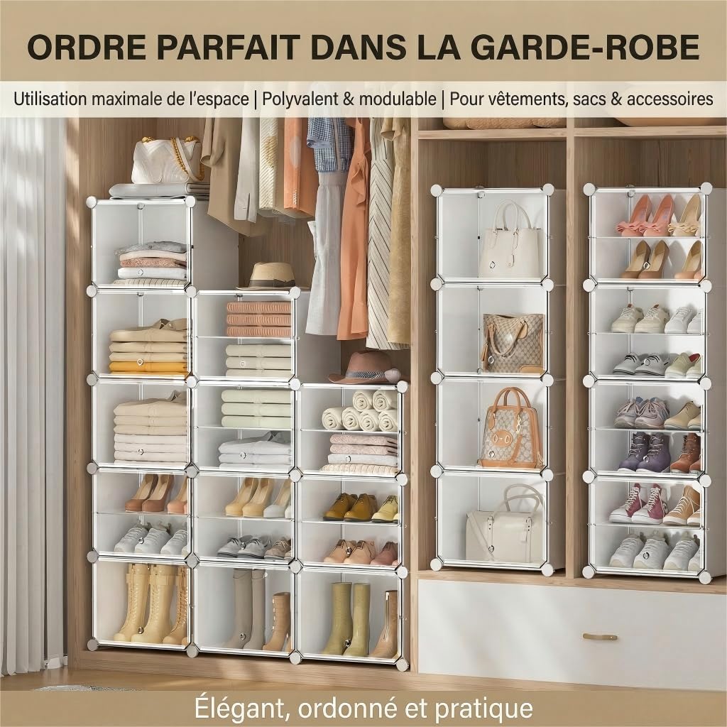 Meuble à Chaussures modulaire à 30 Compartiments avec Porte - en Plastique fermé - Blanc - pour Couloir, Chambre à Coucher