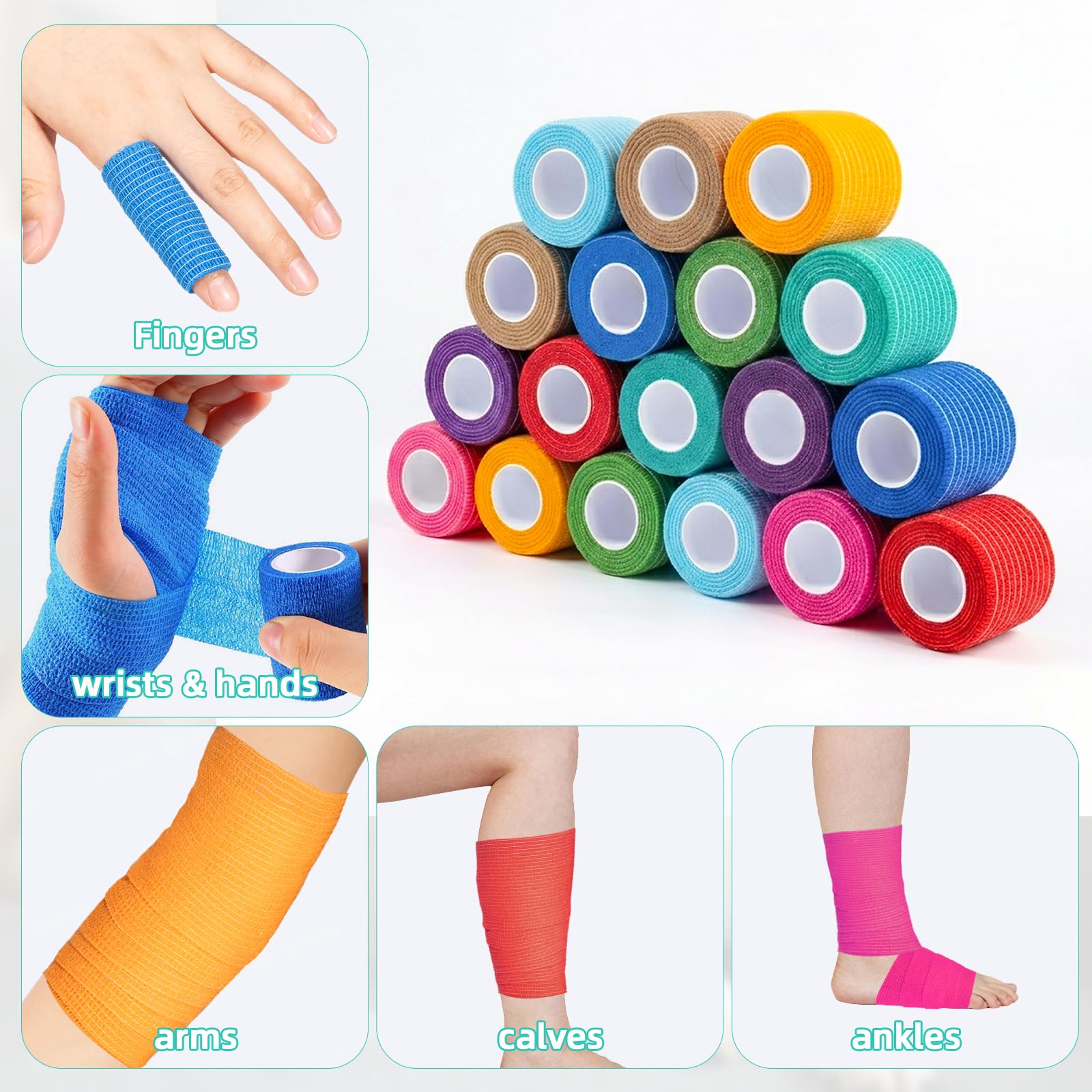 Carehabi Bandage Autoadhésif, 18 Rouleaux 5cm x 4.5m Bande Cohesive Multicolore Bandage Vétérinaire, Bandage Élastique Autocollant pour Les Mains,Les Pieds Genoux