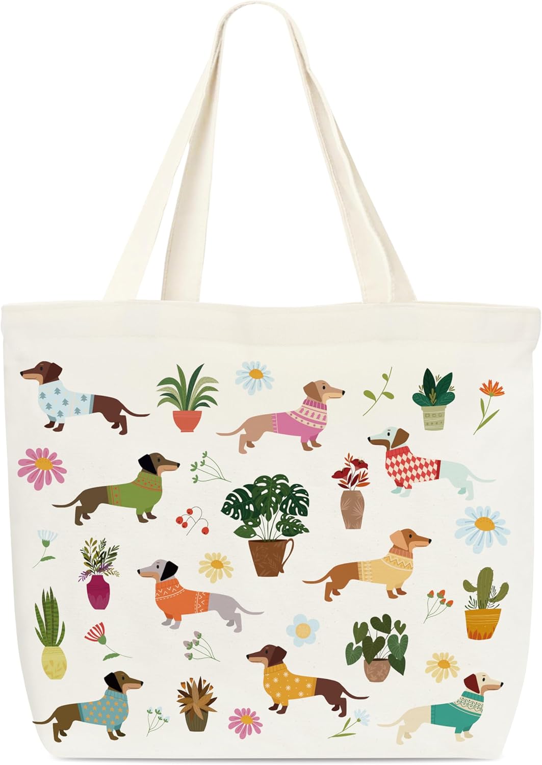 Canvas Tote Bag, Book Tote Bag, Dachshund Tote Bag, Potted Plant Lover Gift, Funny Tote Bag, Library Tote, Reusable Grocery Shopping Bag, Library Shoulder Bag For Women Pet Lover Friend Bookworm B(01)
