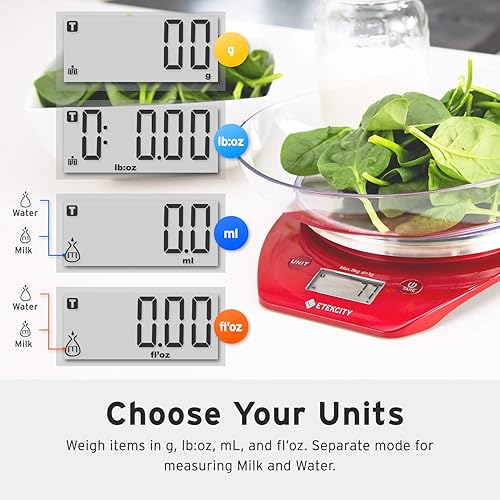 Miniatura 2 de Etekcity Báscula de cocina de alimentos, peso digital gramos y onzas para cocinar, hornear, preparar comidas y dieta, 11 lb5 kg, color rojo