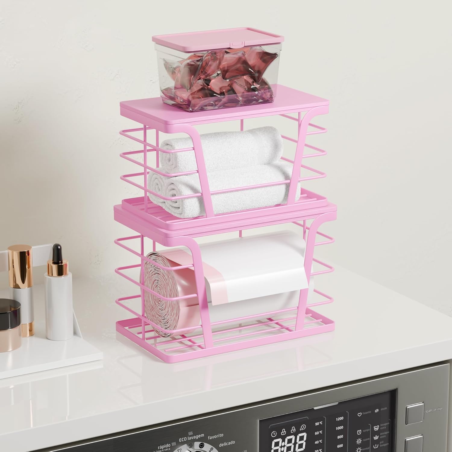 TIDIIABODE 2 Pack Pink Trash Bag Holder - Stackable Garbage Bag Dispenser with Bamboo Top, Kitchen Accessories & Decor, Wall Mount Storage for Kitchen, Home, Bathroom Decor & Gifts