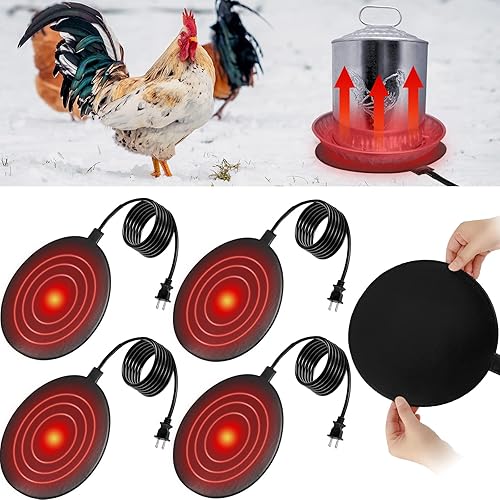 4 bebederos de pollo calentados de 10 pulgadas 60 W, calentador de silicona negro para beber, almohadilla base de calentador con cable de 70.8