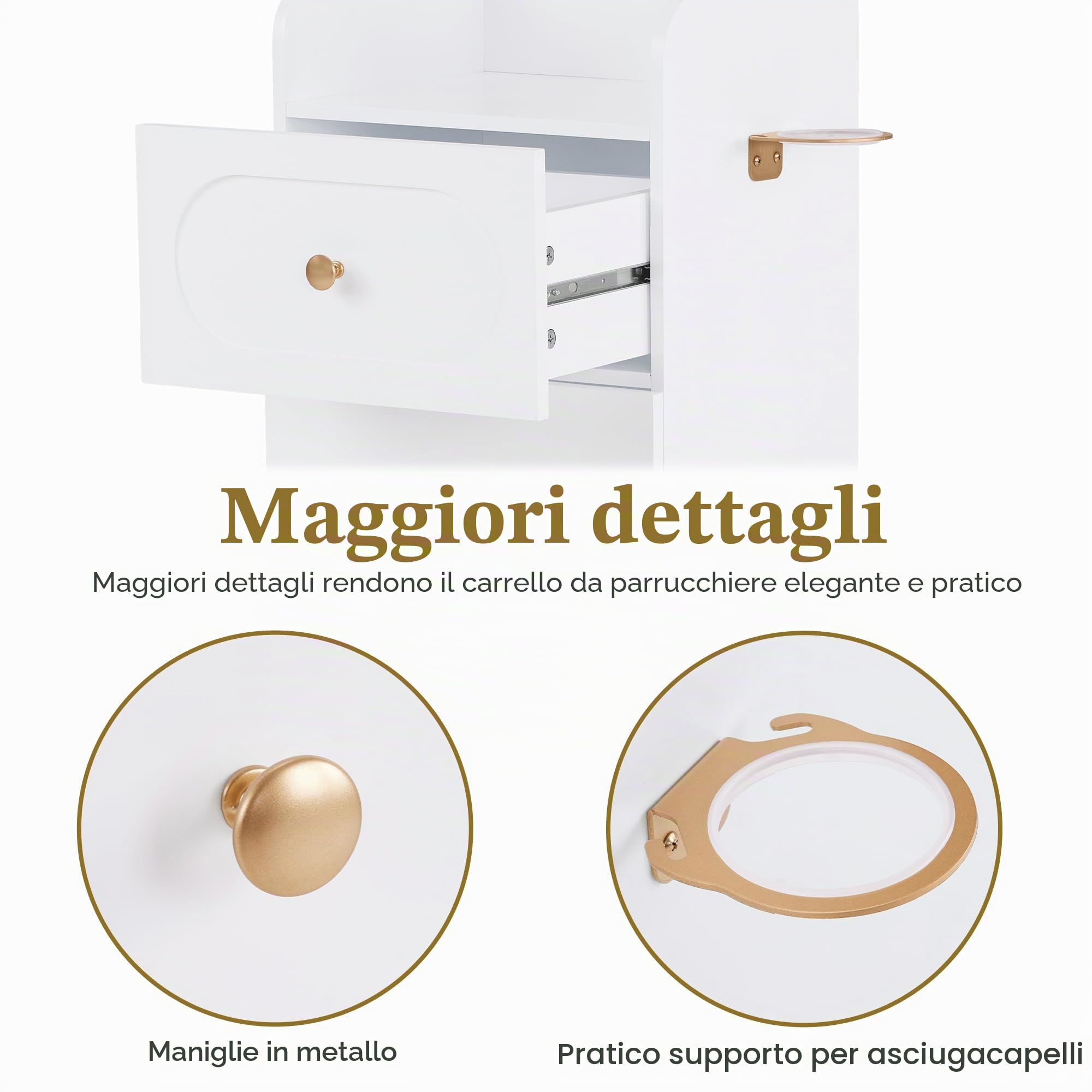 M MCombo Carrello per parrucchiere con ruote e cassetti, carrello da servizio bianco, carrello da salone con 3 ripiani e supporto per phon, 31,4x37x85,5 cm, 0051