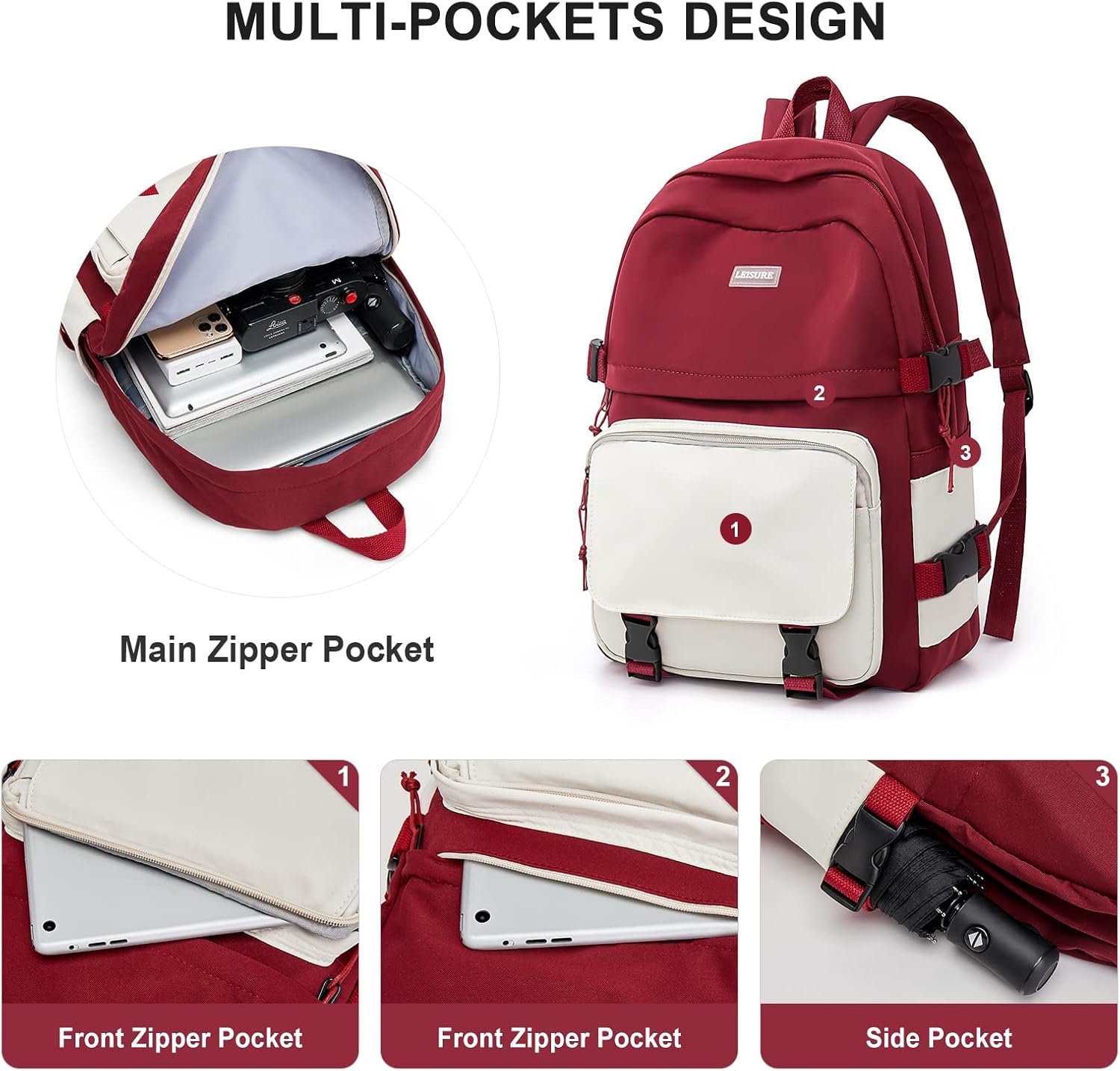 weradar Middle School Backpack For Teen Girls,Cute College Backpack For Women Men,Waterproof Travel Rucksack Casual Daypack,High School Bookbags Boy,Kawaii Students Bag(Red)