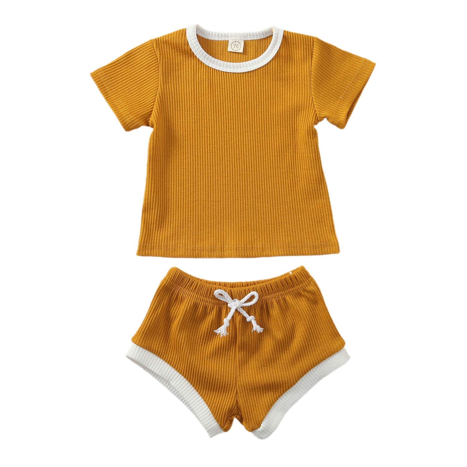 Summer Newborn Baby Boy Girl Clothes Set Unisex Ribbed Outfit Infant Solid Cotton Short Sleeve Tops Shorts 2PCS (Short Set Coffee, 0-6 Months)