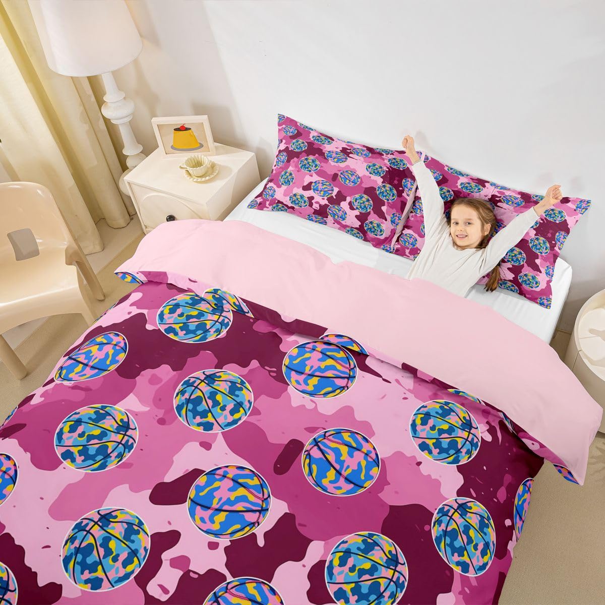 Homemissing Set di biancheria da letto per bambini e bambine, motivo mimetico, rosa, per letto super king size, motivo videogiochi, decorazione per camera da letto, 3 pezzi, chiusura