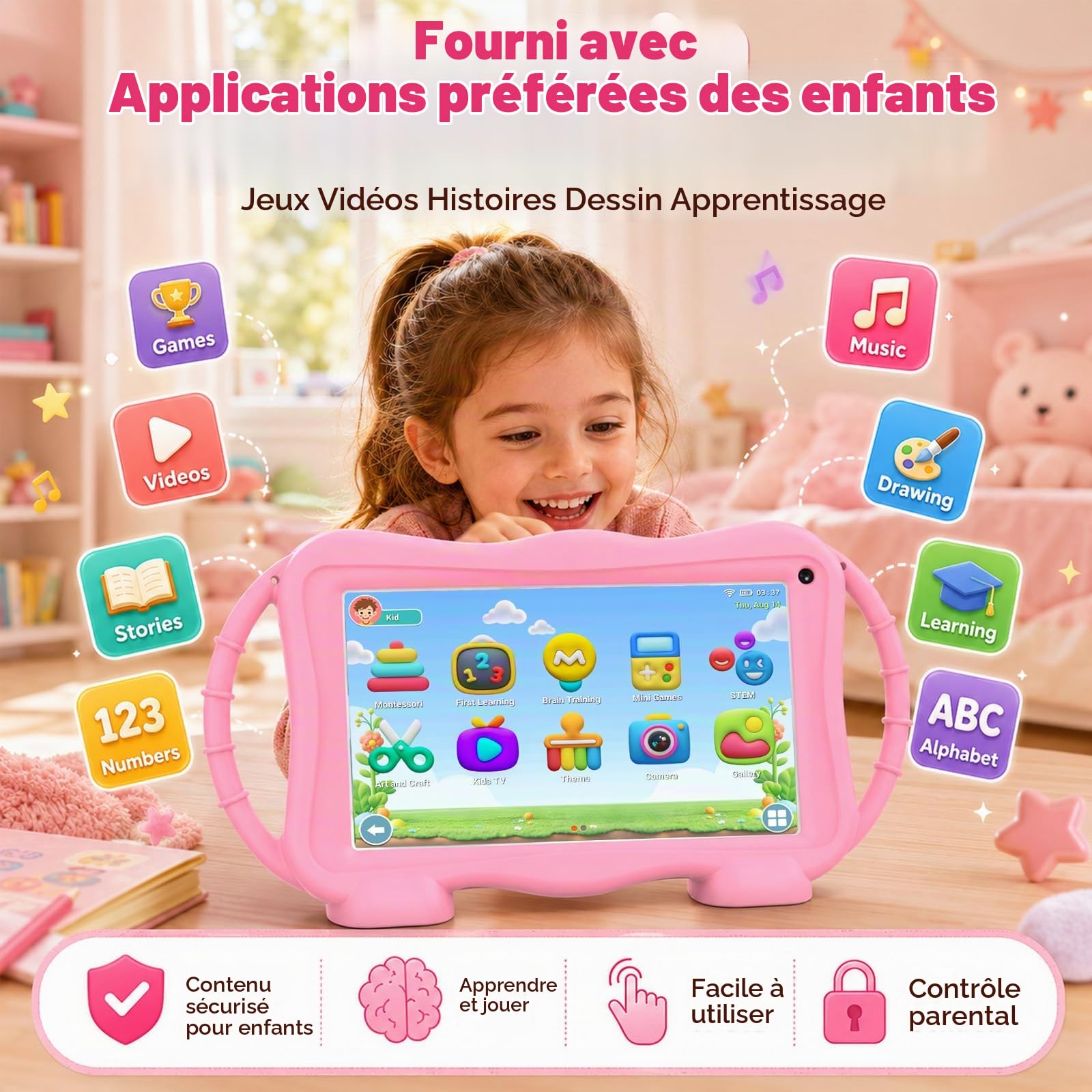Tablette pour Enfant 7 Pouces Tablette Enfants avec WiFi 32GB Tablet Tactile Enfant Étui Antichoc Contrôle Parental Double Caméra (Rose)