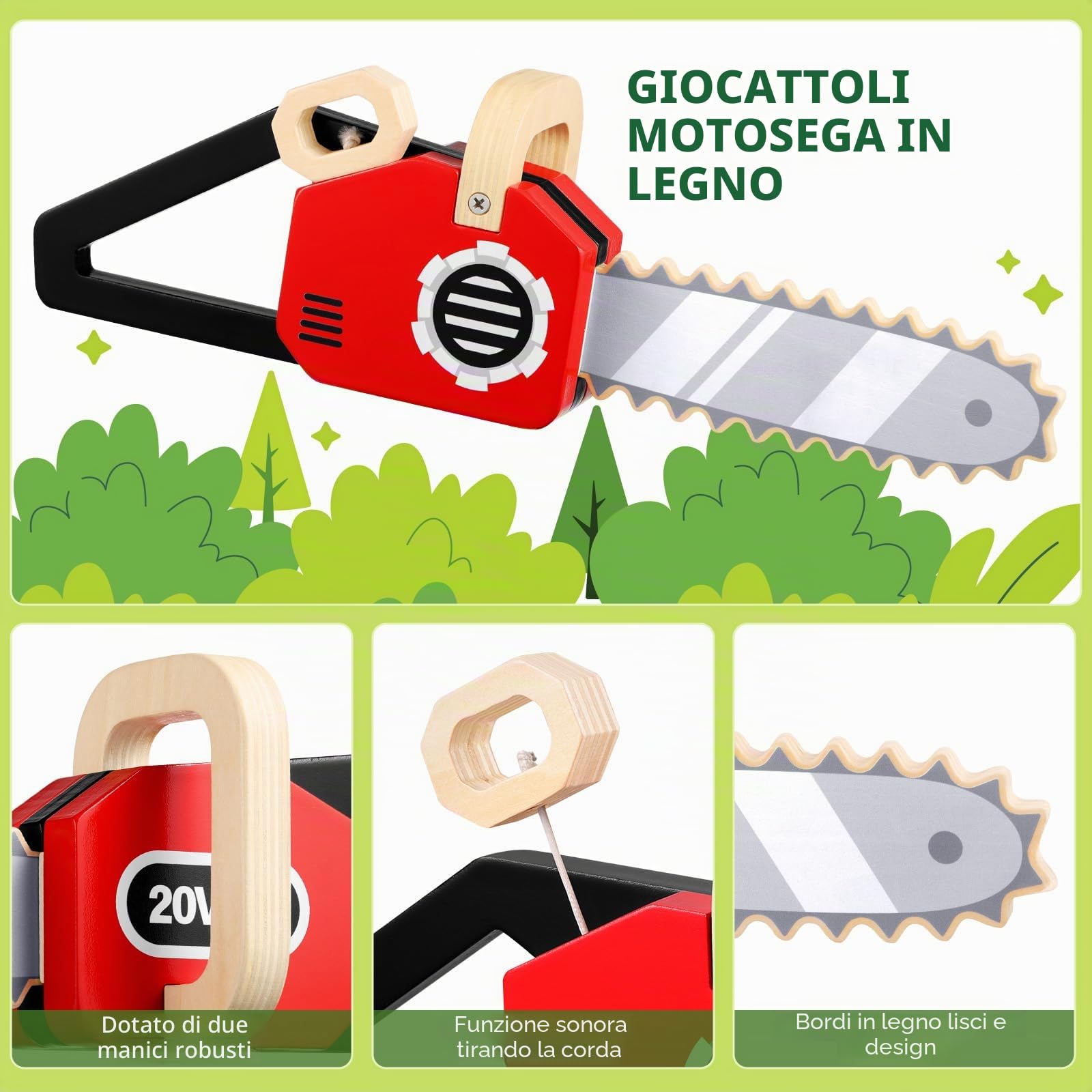 GAGAKU Motosega giocattolo in legno per bambini dai 2 anni in su. Valigetta degli attrezzi per bambini, in alternativa, con funzione audio, giocattolo educativo per giochi di ruolo all'aperto