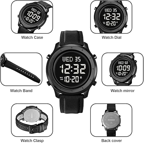 Miniatura 7 de PASOY Reloj de cuero digital con esfera grande para hombre, simple pantalla grande, alarma de cuenta regresiva, cronómetro, retroiluminación LED,