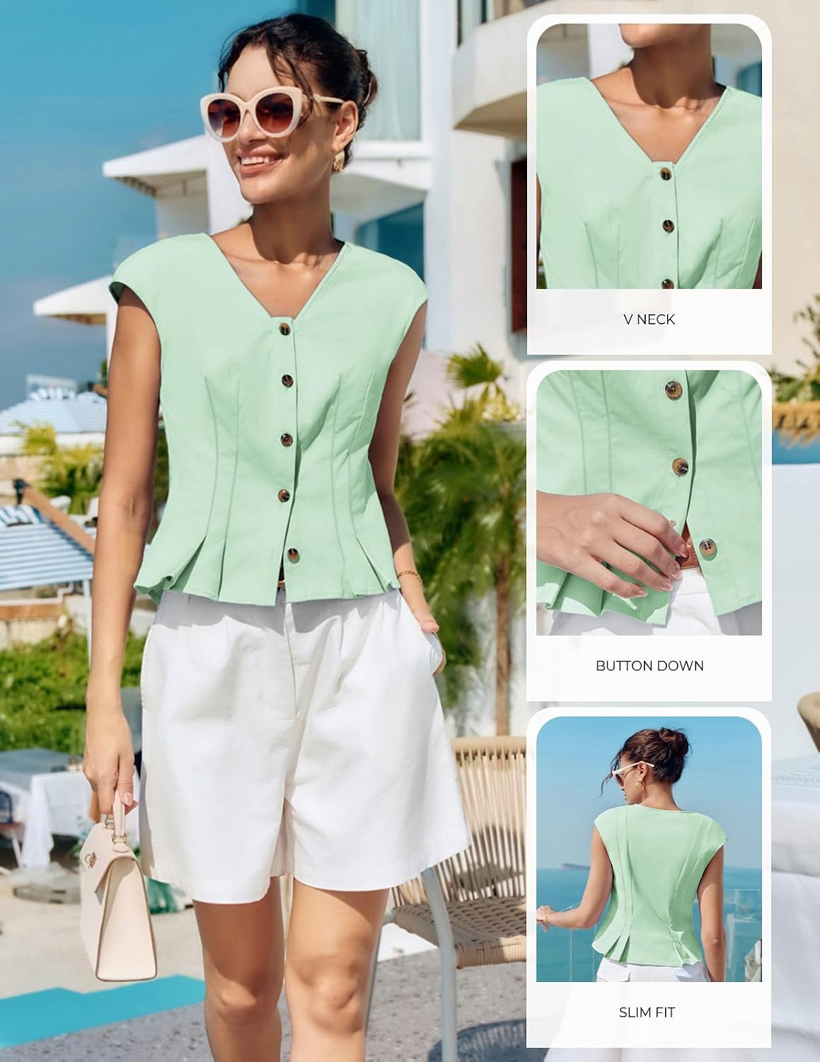 Kate Kasin Womens Button Down Crop Tops, Cap Sleeve Work Shirt, Slim Fit Cute Vest Trendy