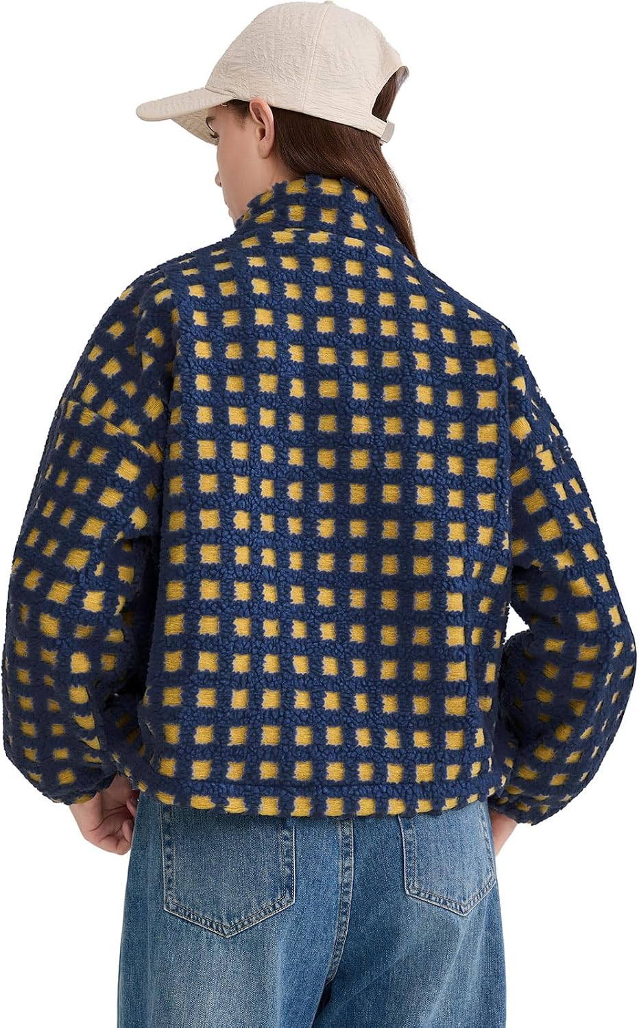Oymyakon Women Checkered Sherpa Jacket Cropped Long Sleeve Fuzzy Plaid Fleece Coats Casual Zip Up Gingham Outwear