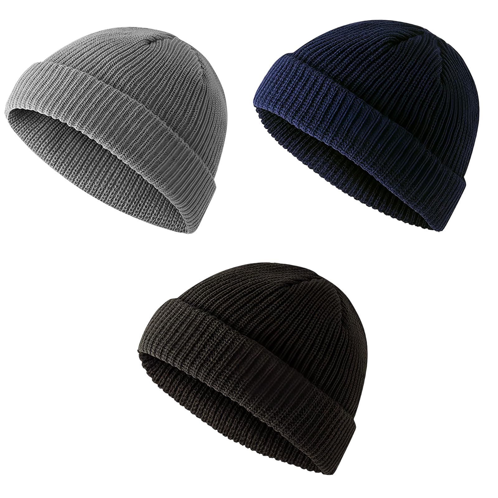 Makoto Nobu 3PCS Fisherman Beanie for Men,Thermal Winter Hat,Unisex Fashion Winter Hats Cuffed Beanie Comfortable Breathable Soft Warm Knit Hat, Gift for Christmas Birthdays(Deep Grey, Black, Navy)