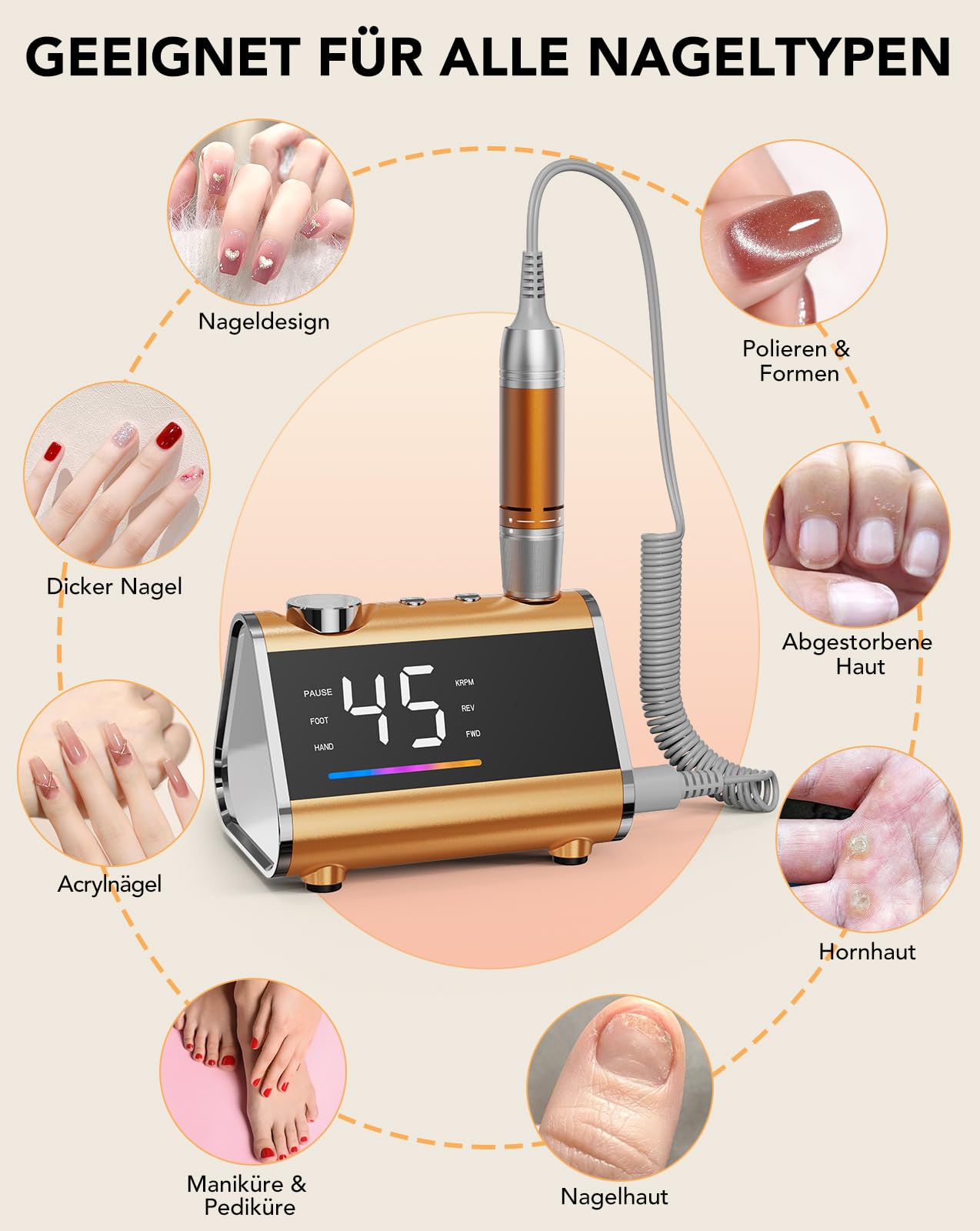 HOMEASY Nagelfräser 45.000 U/min LCD Fußpedal Netzbetrieb Orange | LCD Anzeige mit Netzbetrieb und Fußpedal für Acryl- und Gelnägel.