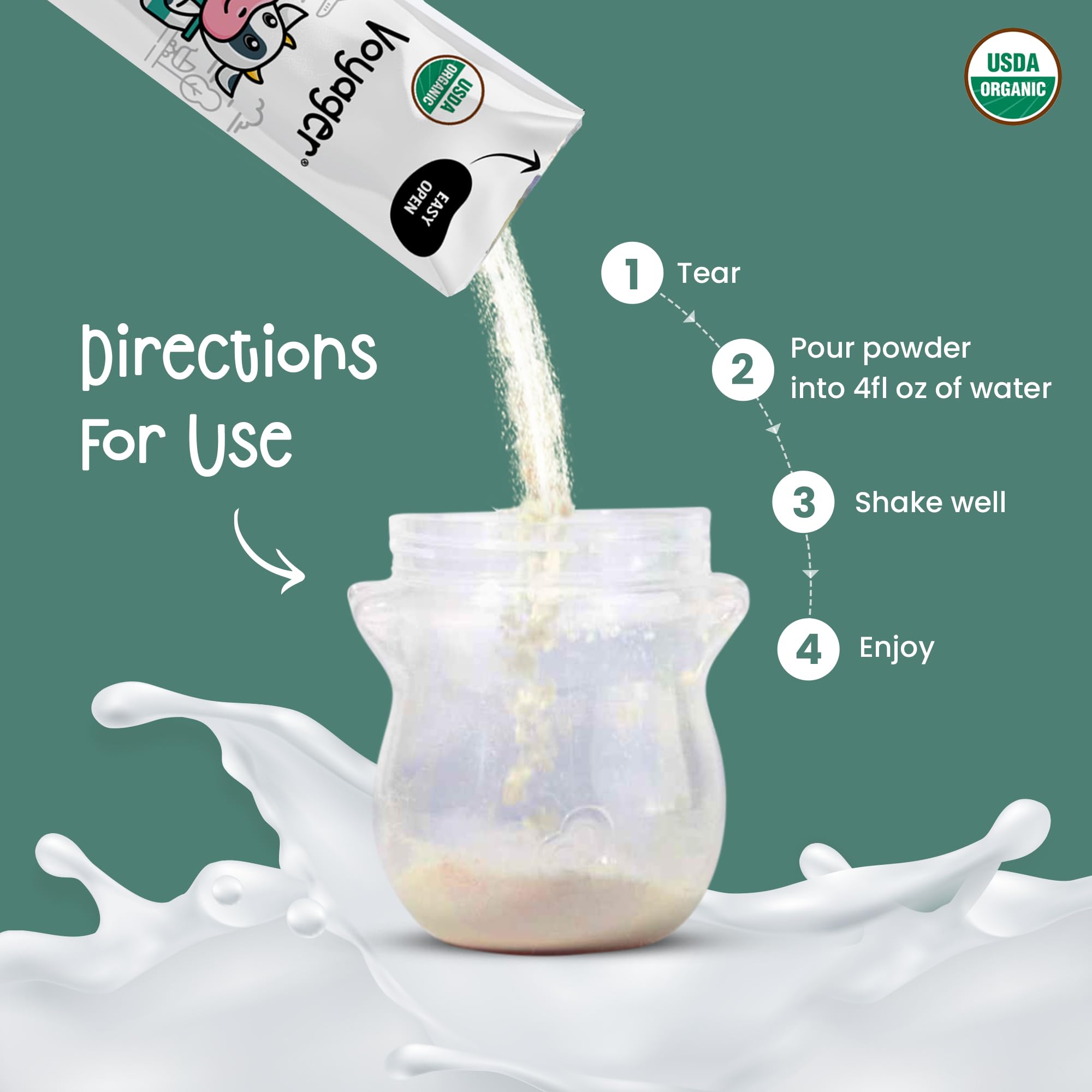 Voyager Toddler Milk On The Go, USDA Organic Shelf Stable Whole Milk Powder, Great for Travel, No Refrigeration, Gluten Free with No GMO's and No Antibiotics for Kids, 16 Sachets of 15g