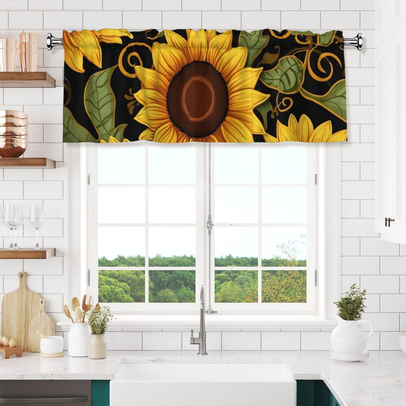 NONHAI Beautiful Sunflower Valances for Windows Short Curtains Rod Pocket Cafe Window Treatments Valance Curtains for Kitchen Bathroom Laundry Basement Windows 54x18inch Blackout Window Valance