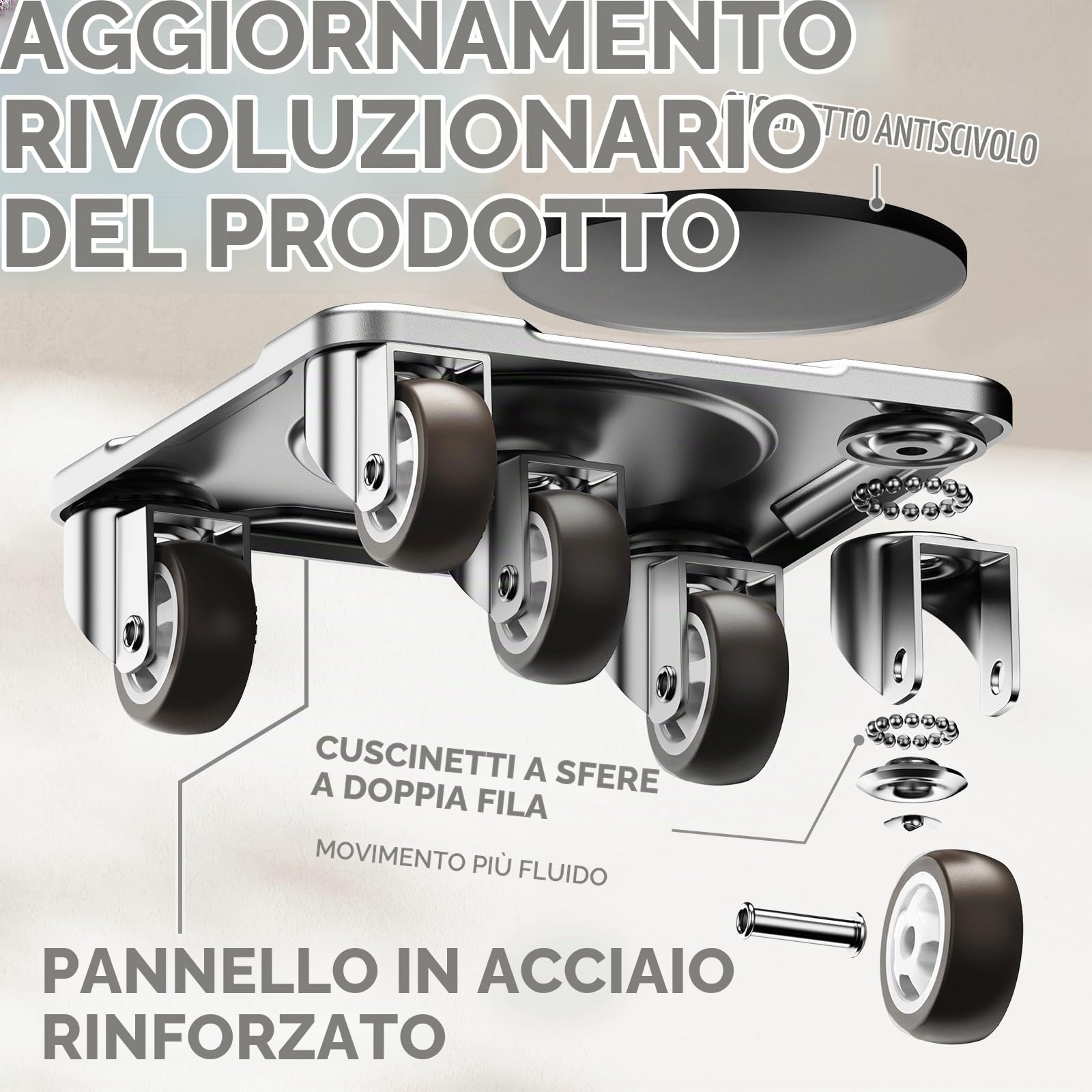 Kit Spostamento Mobili Pesanti con Sollevatore | Pannello in Acciaio al Carbonio, 5 Ruote TPE Rotanti a 360°, Portata 500 kg, Sposta Mobili Pesanti Facilmente