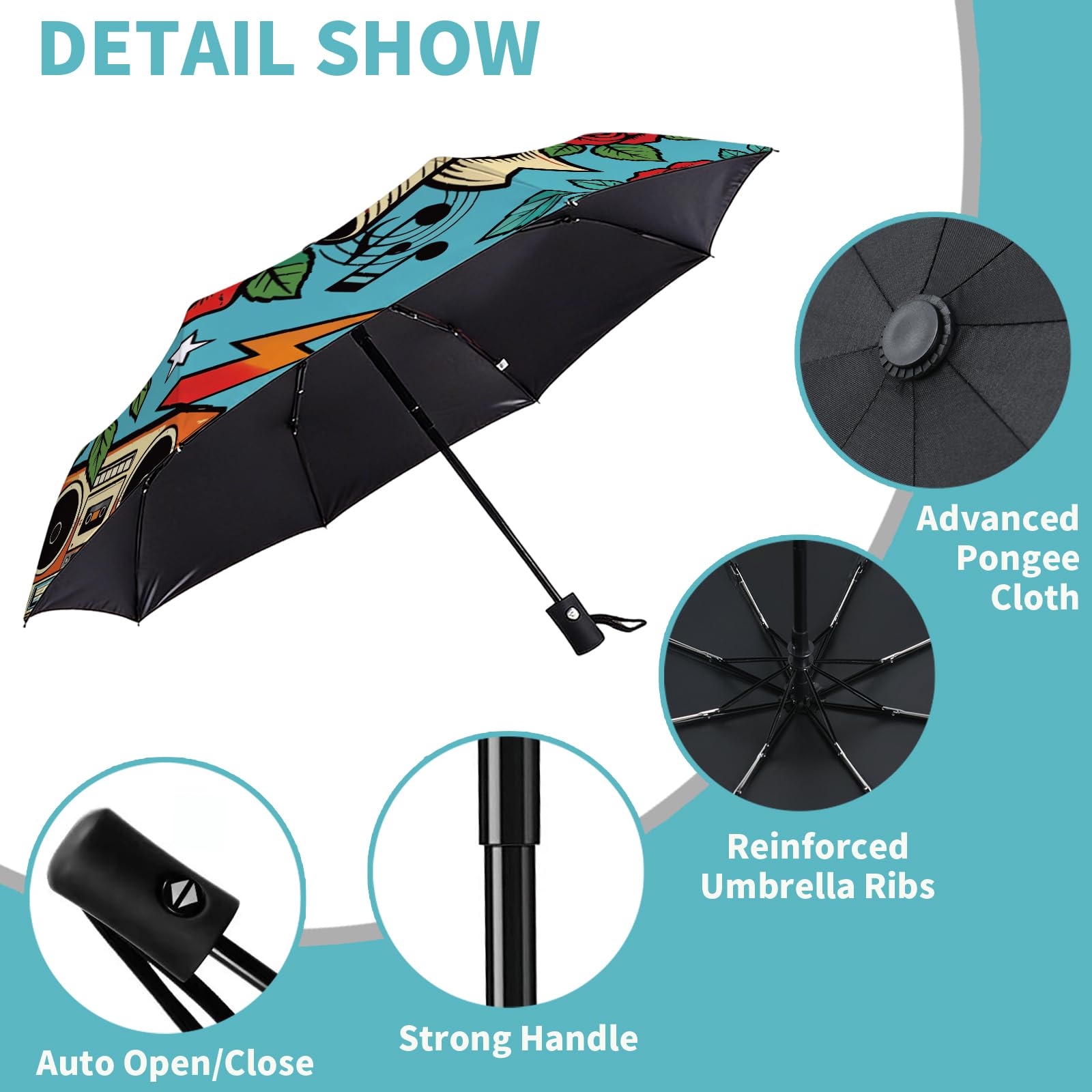 MayjoyDIY Retro Rock Micrófono Automático Plegable Paraguas 107cm Rock A prueba de viento Viaje Paraguas Rojo Rosa Compactos Paraguas Automáticos Apertura Cierre para Lluvia y Sol Protección