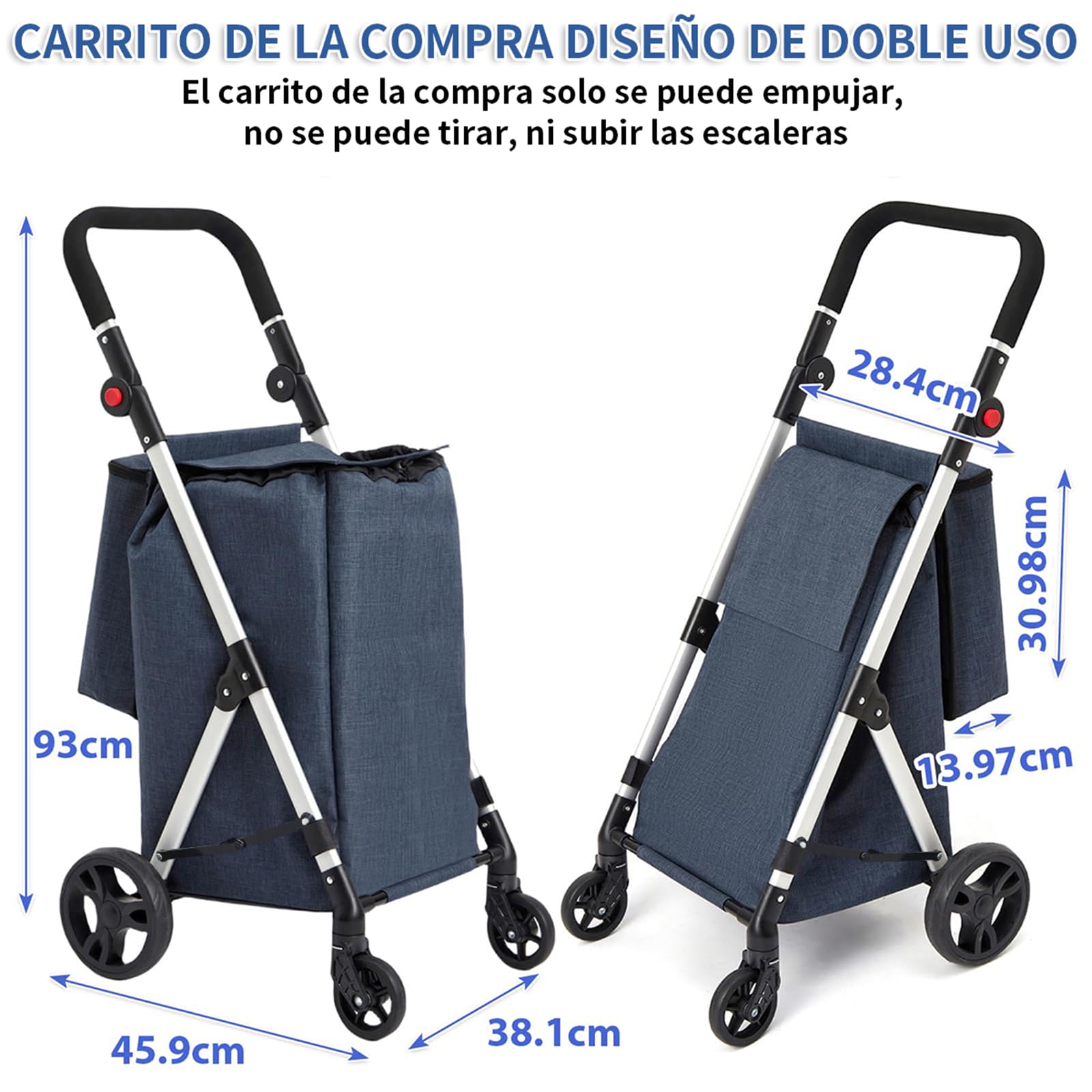 Carros de Compra, con Bolsillo para Congelados, 46L Carro de la Compra de 4 Ruedas, Carrito Compra Plegable de Aluminio (Azul)