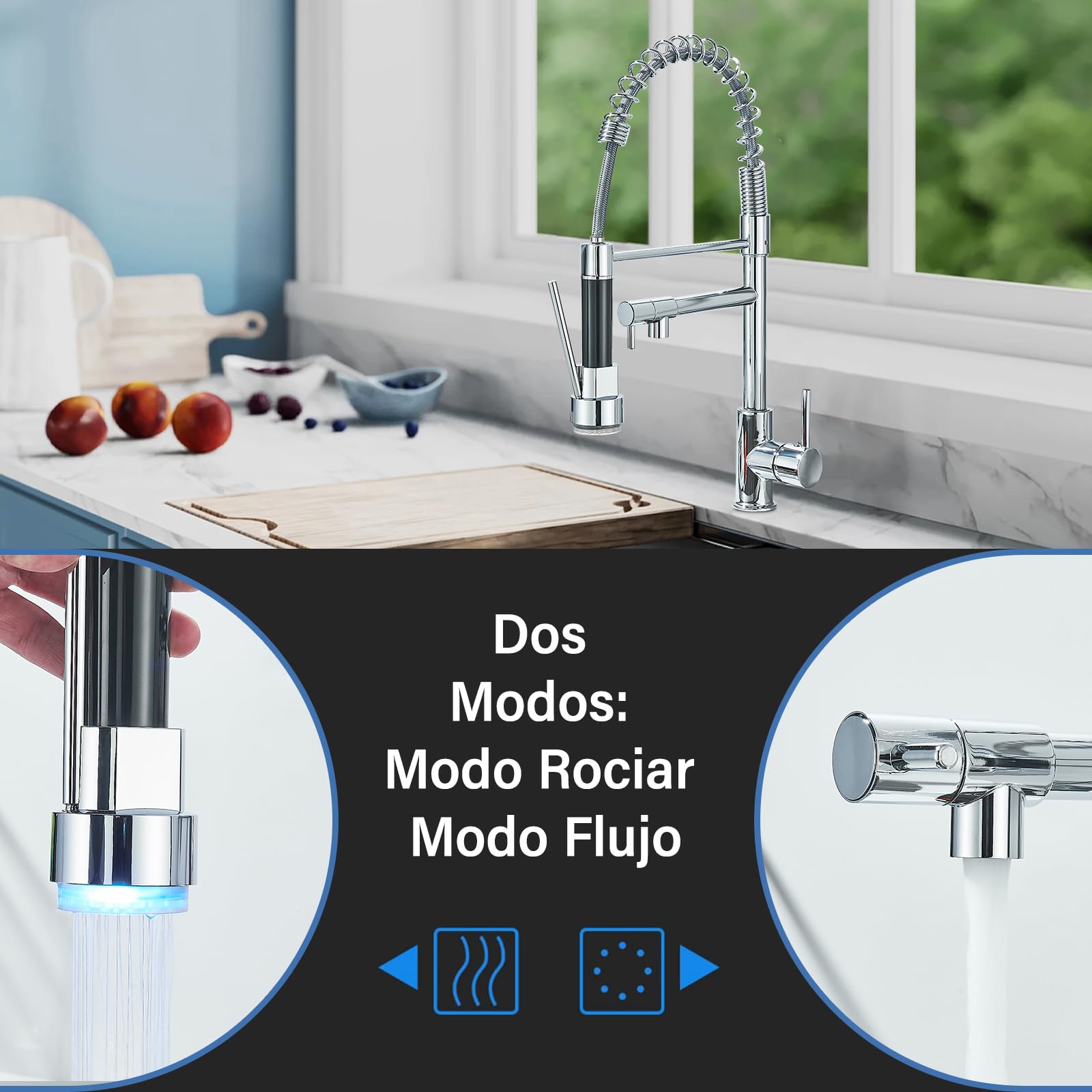 Grifo de Cocina LED 360° Giratorio Grifo de Cocina Extraible con Resorte, Mezclador Monomando Extensible Cabezal con 2 modos, Acero Inoxidable Cromo