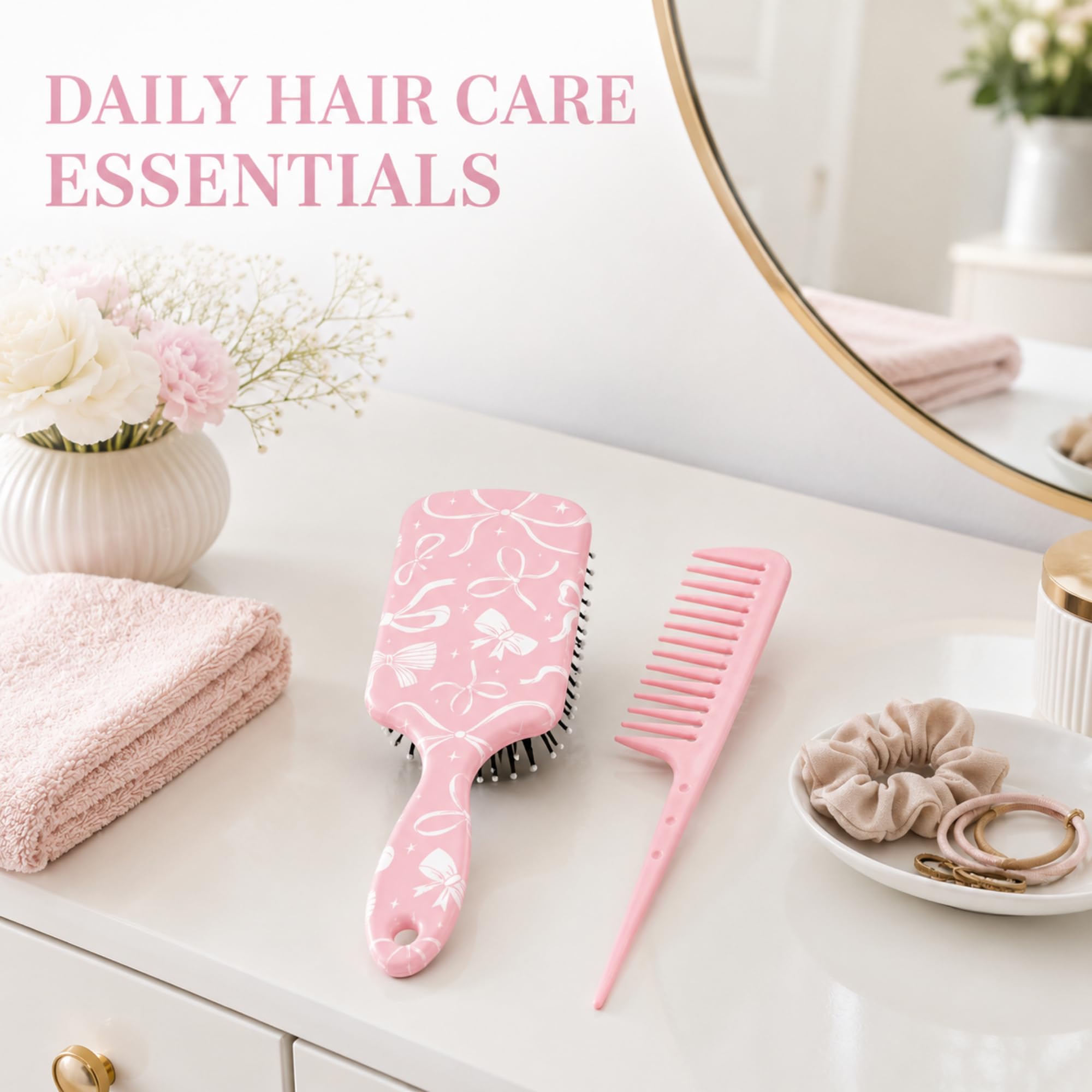Weysat Coquette - Juego de cepillo para el pelo y peine de cola desenredante rosa, estampado de lazo, antiestático, cojín de aire, peine de dientes anchos para mujeres y hombres, desenreda todo el