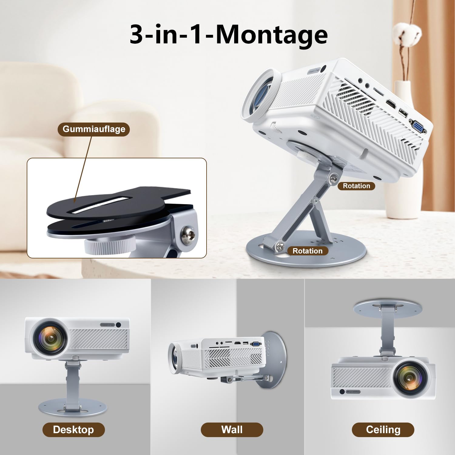 Eroshoo Beamer Halterung Ultrakompakt 180° Drehbar Faltbare Beamer Wandhalterung mit 1/4 Zoll Universalschraube Mini Beamer Ständer für Heimkino, Spielzimmer und Büro