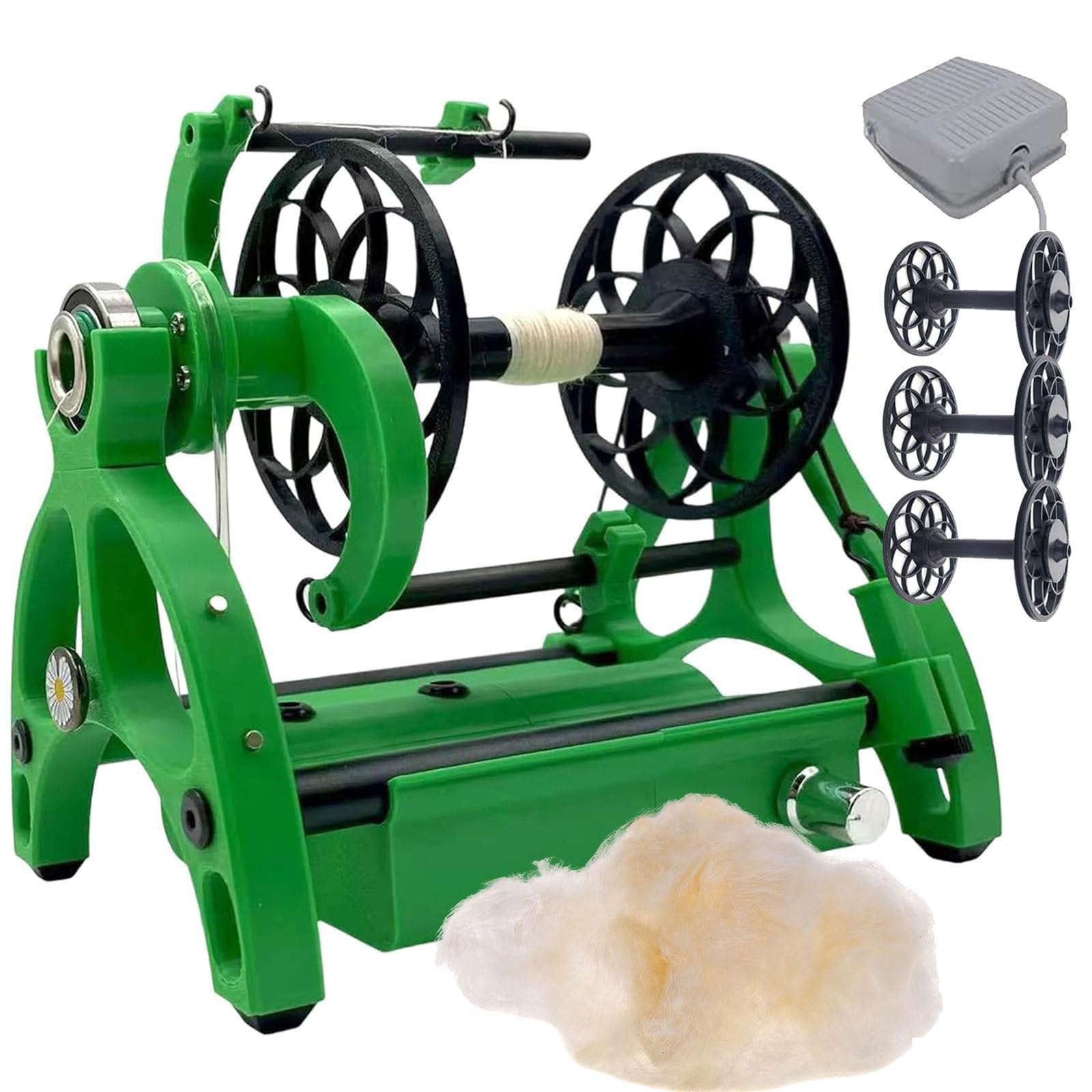 Verstellbare Wollgarnwickelmaschine, Elektrisches Mini-Spinnrad Für Den Haushalt, Zum Spinnen Und Verzwirnen Von Wollfasern, Mit Fußschalter Und 3 Spulen Green
