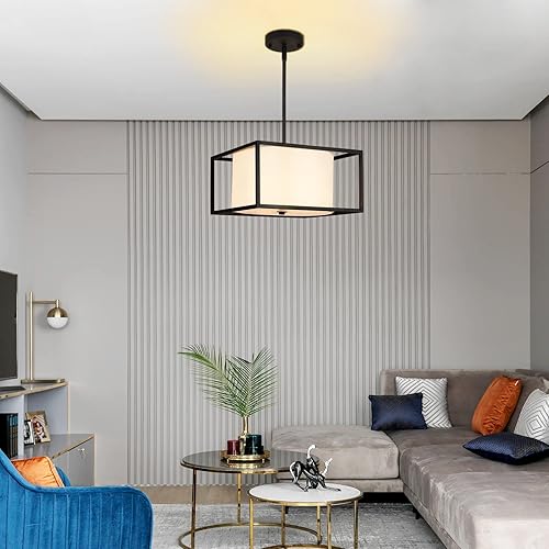 Miniatura 9 de Lámpara de techo moderna semiempotrada, lámpara industrial cerca del techo con pantalla de tambor de tela, marco de metal negro, lámparas colgantes