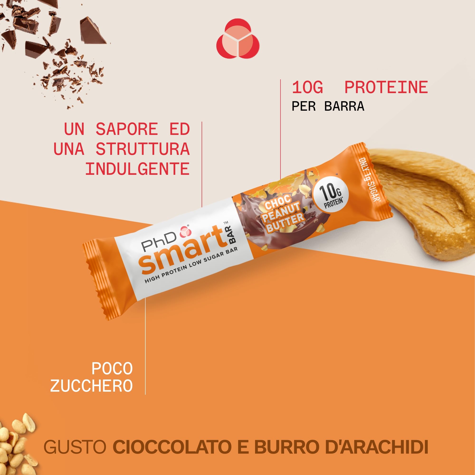 PhD Nutrition Smart Bar Barretta proteica 24x32g Cioccolato e burro d’arachidi - Protein Bar con 20g di proteine e poco zucchero, Adatta per una dieta macro