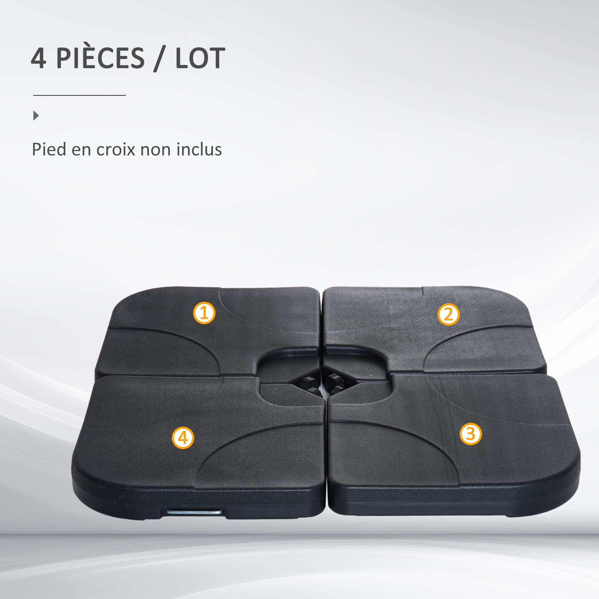Outsunny Lot de 4 Pied de Parasol Poids de lestage carré avec poignée pour Parasol A remplir d'eau jusqu'à 60 kg ou de Sable jusqu'à 72 kg 50 x 50 x 8 cm polyéthylène Haute densité Noir
