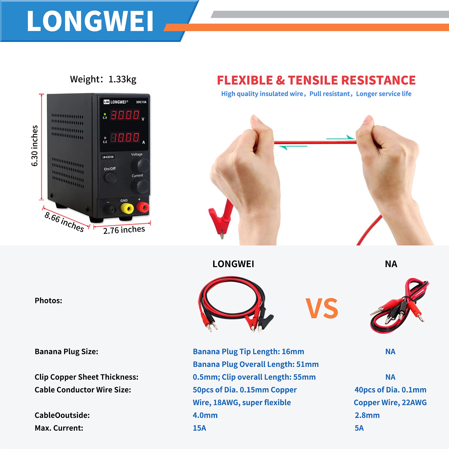 LONGWEI Labornetzteil 30v 10a, labornetzgerät(Schwarz)，Dc power supply 4-stellige LED-Anzeige, mit 4 Stk multimeter kabel，netzgerät regelbar gilt für Arduino，galvanisieren set，diy，labor netzteil