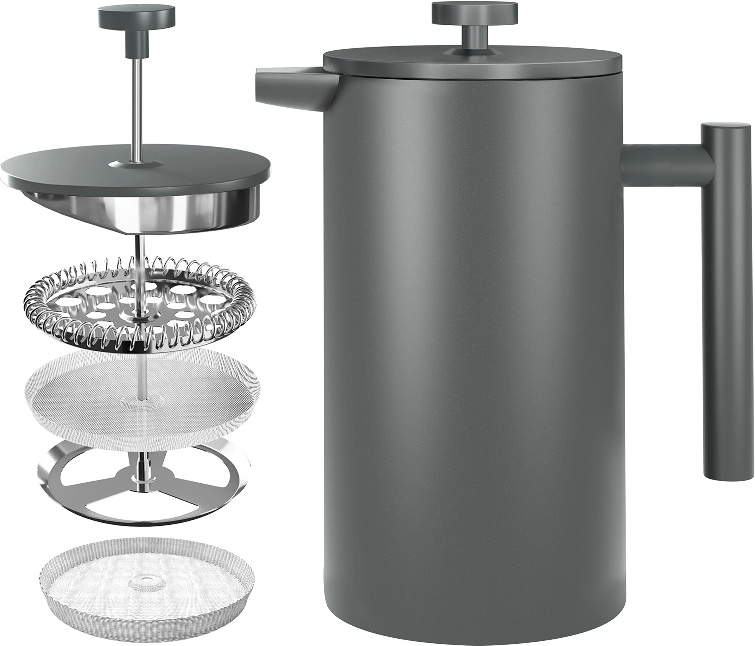 KICHLYStainless Steel Piston Coffee Maker - Espresso and Tea Maker with Triple Filters - Heat Resistant Glass with Steel Plunger - Portable Coffee Maker - 34 Oz (1.0 Litre) - Grey