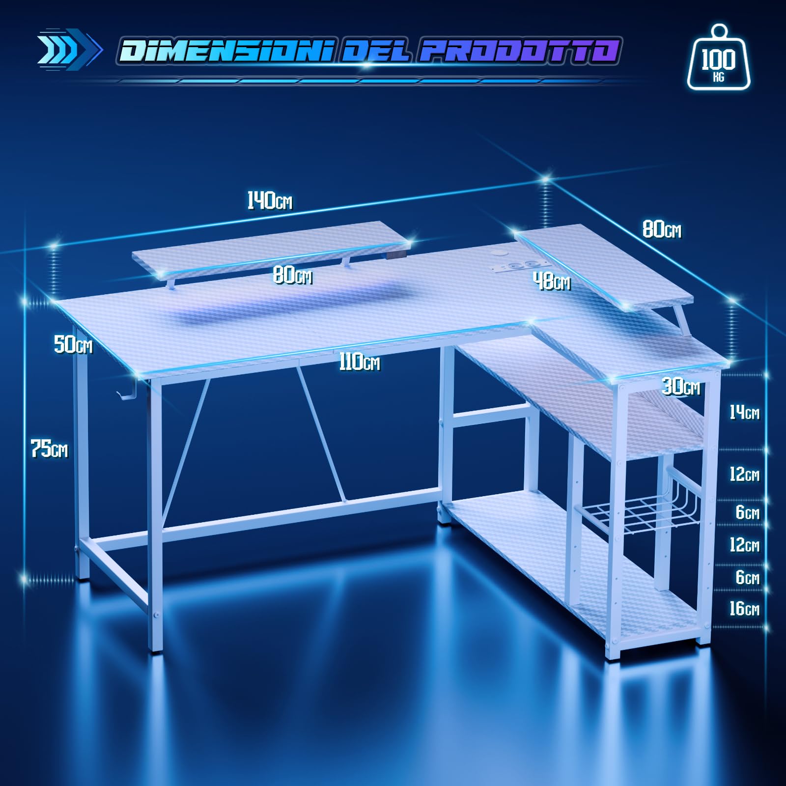 Devoko Scrivania Da Gaming Angolare 140x80 cm Supporto Doppio Monitor, Illuminazione LED, Ripiano Regolabile In Altezza, Finitura Effetto Carbonio, Scrivania PC Gamer Con Scaffali Laterali, Bianco