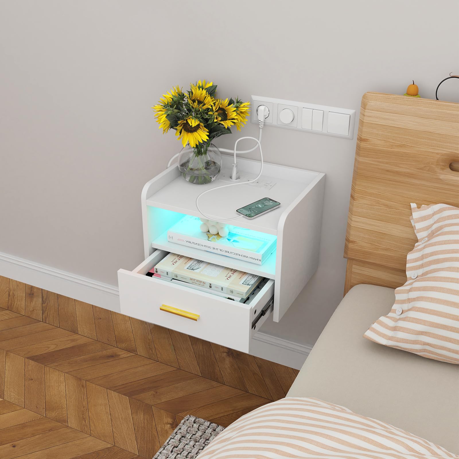 Nachttisch wandmontage, Nachtschrank Hängend, Offenes Fach Und Einer Schublade, 2 USB Anschlüsse, 2 Steckdosen, 16 Farben LED Nachttisch mit Ladestation 40x30x30cm