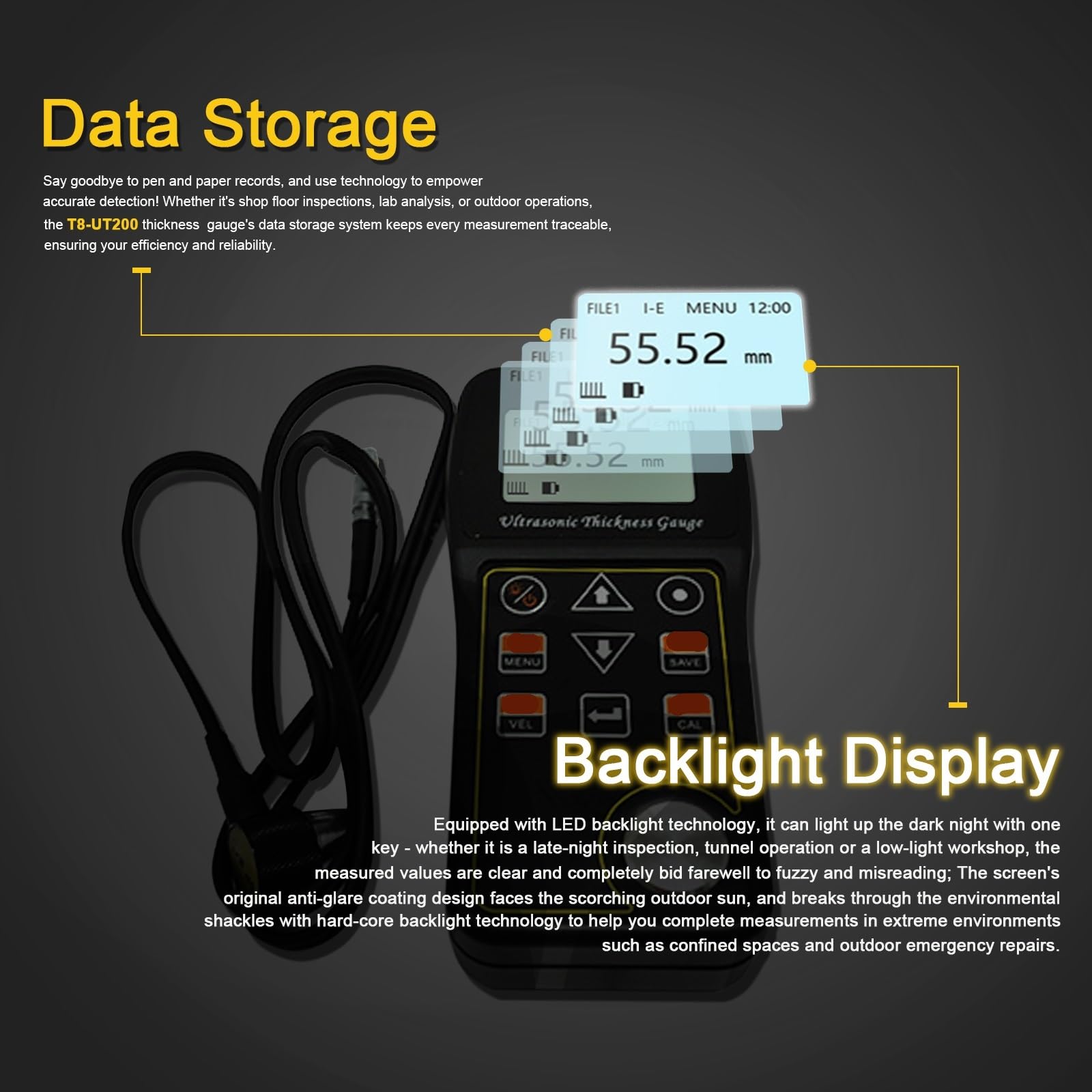 Medidor de Humedad, Medidor de espesor ultrasónico con modos PE/IE/Prueba, modo eco-eco, pantalla retroiluminada y almacenamiento de datos.
