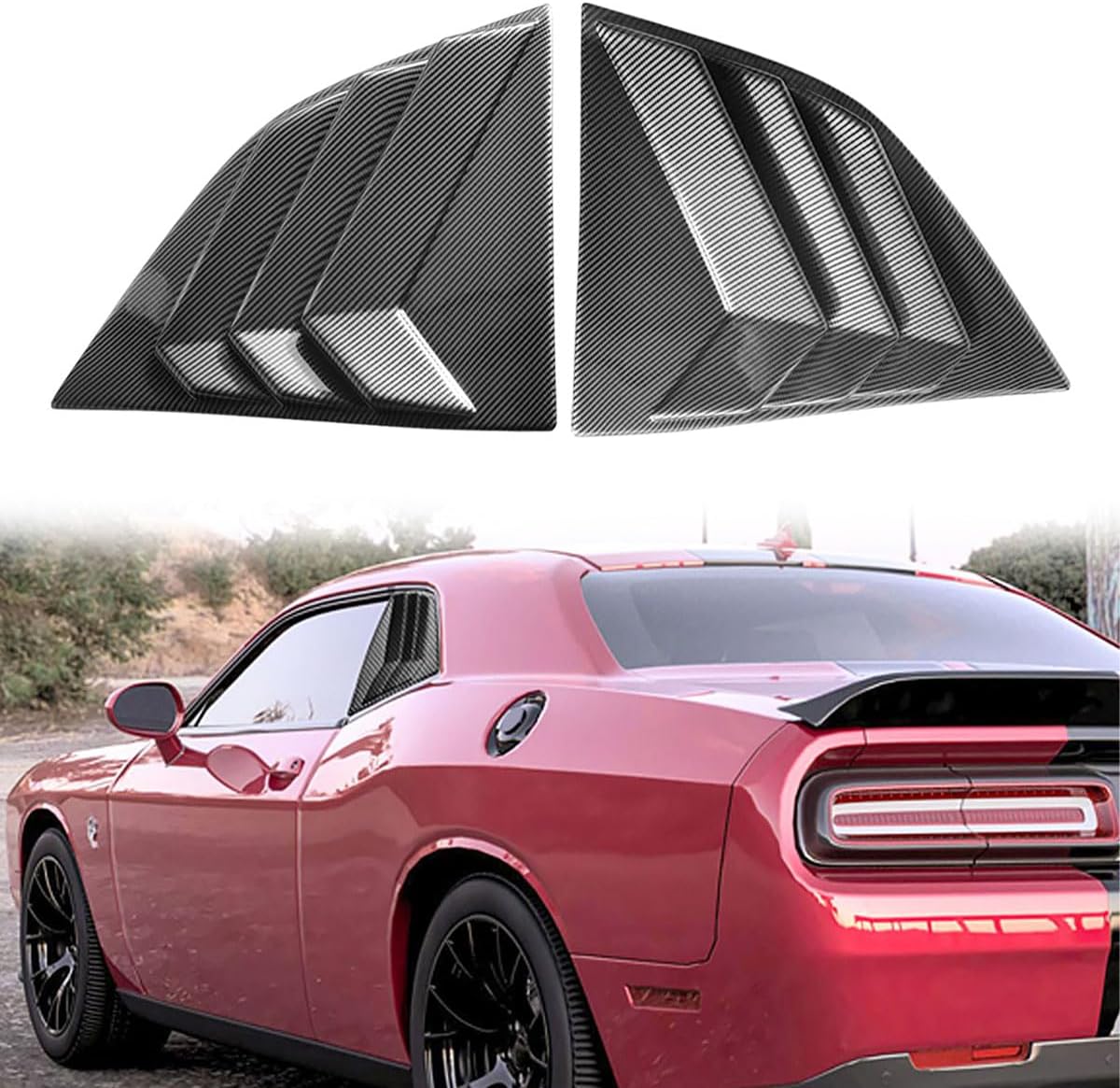 Side Window Louver, Compatible with 2008-2023 Dodge Challenger, Carbon Fiber Print PP - Polypropylene XE V3 Style Aerodynamic Rear Side Sunshade Wind Deflection Cover, 2PCS