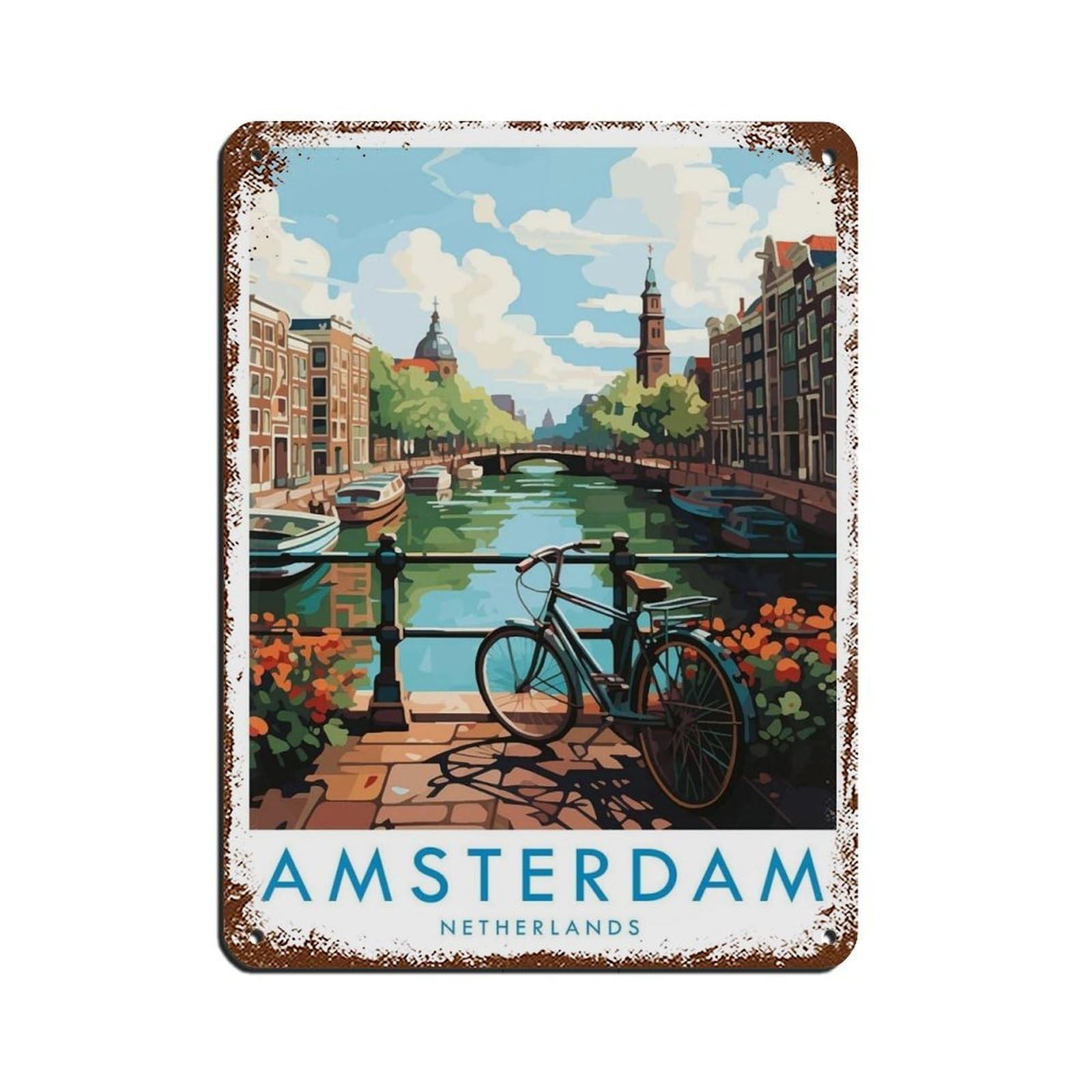 Amsterdam Travel Poster, Netherlands (4) Retro Poster Metal Tin Sign Chic Art Retro Iron Painting Bar People Cave Cafe Family Garage Poster Wall Decoration 12x16inch(30x40cm)