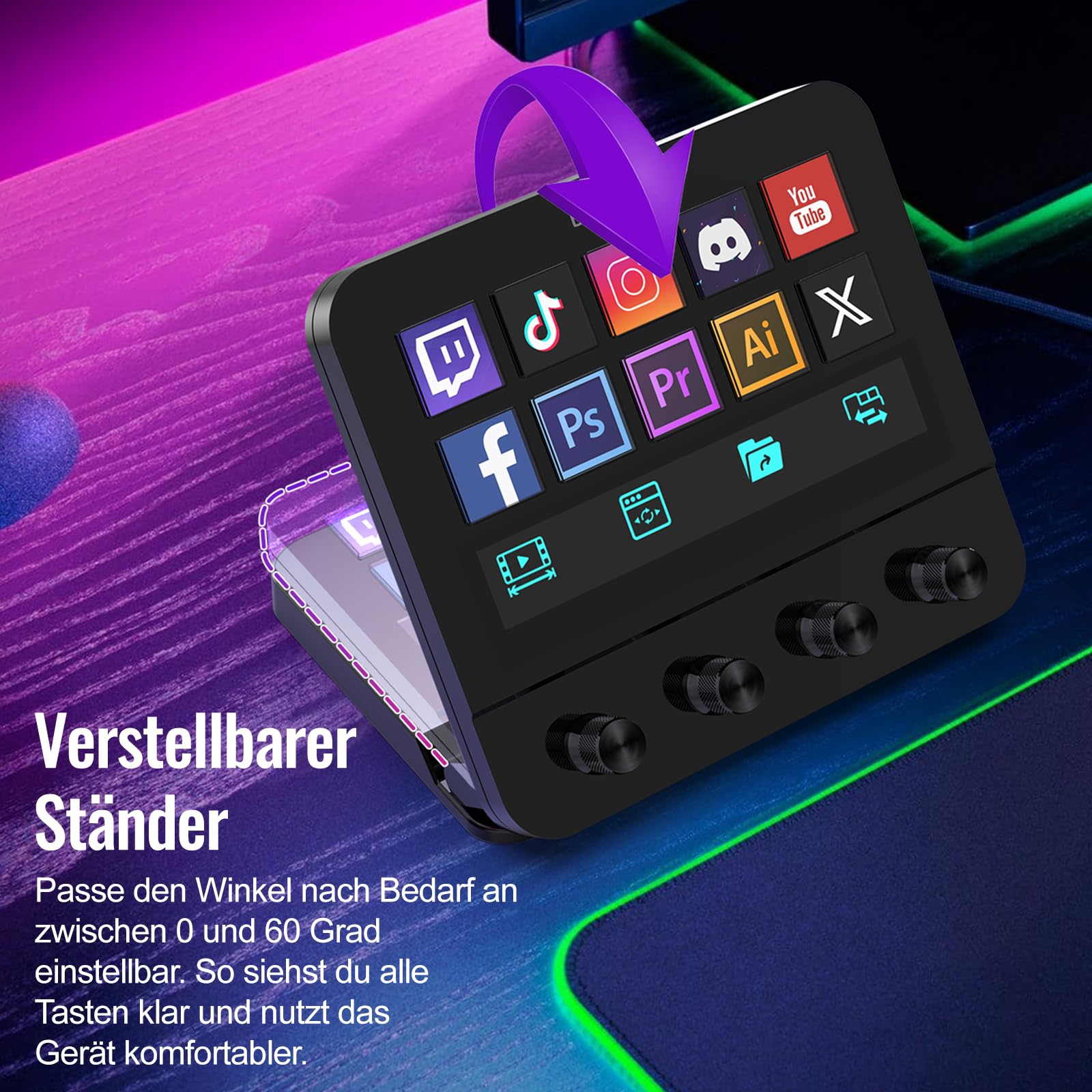 Stream Control Deck, Studio Controller, 10 anpassbaren LCD-Makrotasten, 4 Drehreglern Knöpfe, Mit Touchscreen und USB-Erweiterung, kompatibel mit Mac und PC