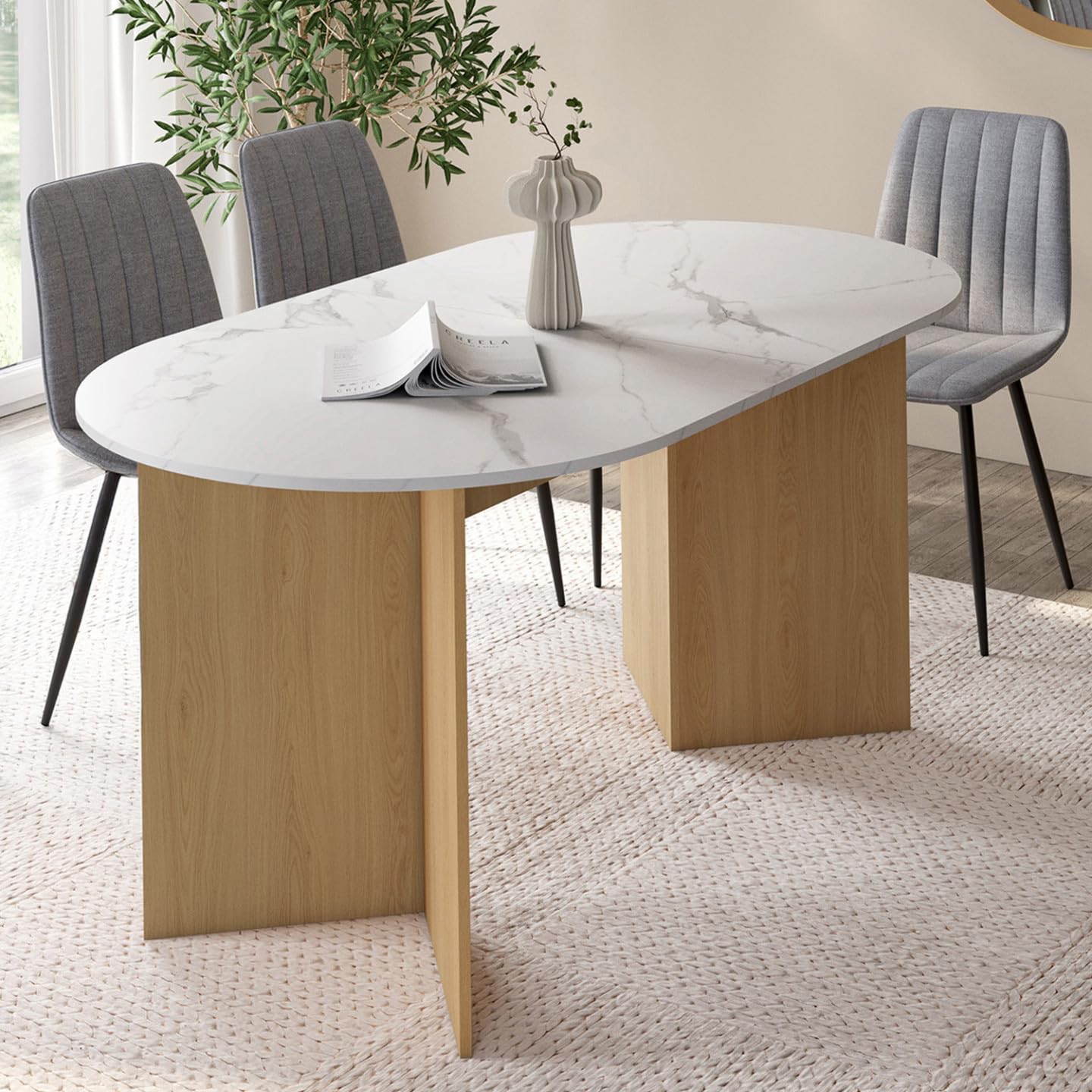 IDMarket – Mesa de comedor extensible ovalada Marthe 6-10 personas, bandeja de mármol blanco Alaska y madera de haya, 160-200 cm