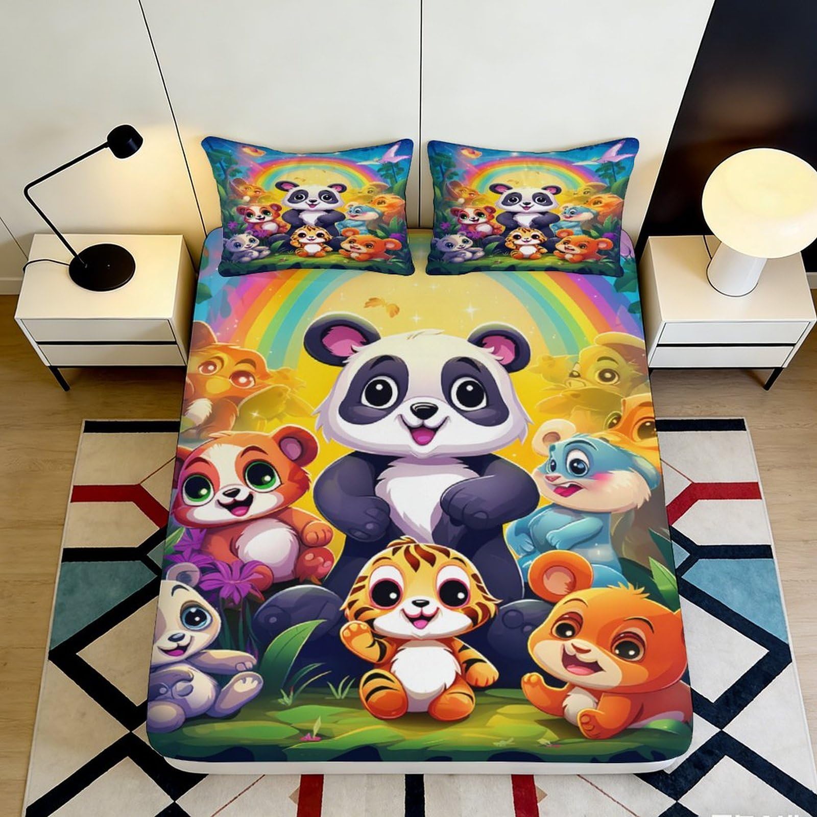 3D Printed Rainbow Panda Fitted Sheet Microfiber Colourful Animals Mattress Cover for Bedroom Guest Room Dorm Decor 90x200x25cm