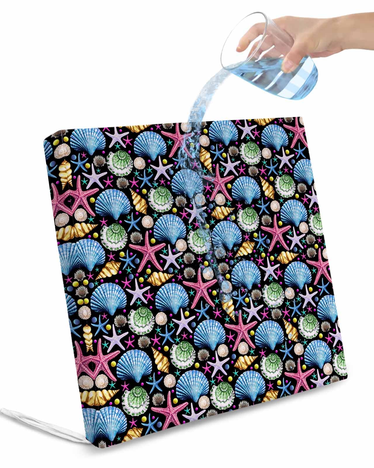 2 Pack Coastal Ocean Waterproof Cushion Covers with Ties, Outdoor Patio Chaise Lounge Chair Seat Cushion Slip Covers Replacement(Only Cover) Blue Pink Shell Starfish Gold Sea Conch 22