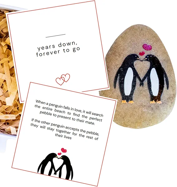 Wedding Anniversary Penguin Pebble Gift - "_ Years Down, Forever to Go” Card & Happy Anniversary Box – Unique Gift for Husband, Wife, Boyfriend, Girlfriend – 1st 10th 25th 50th